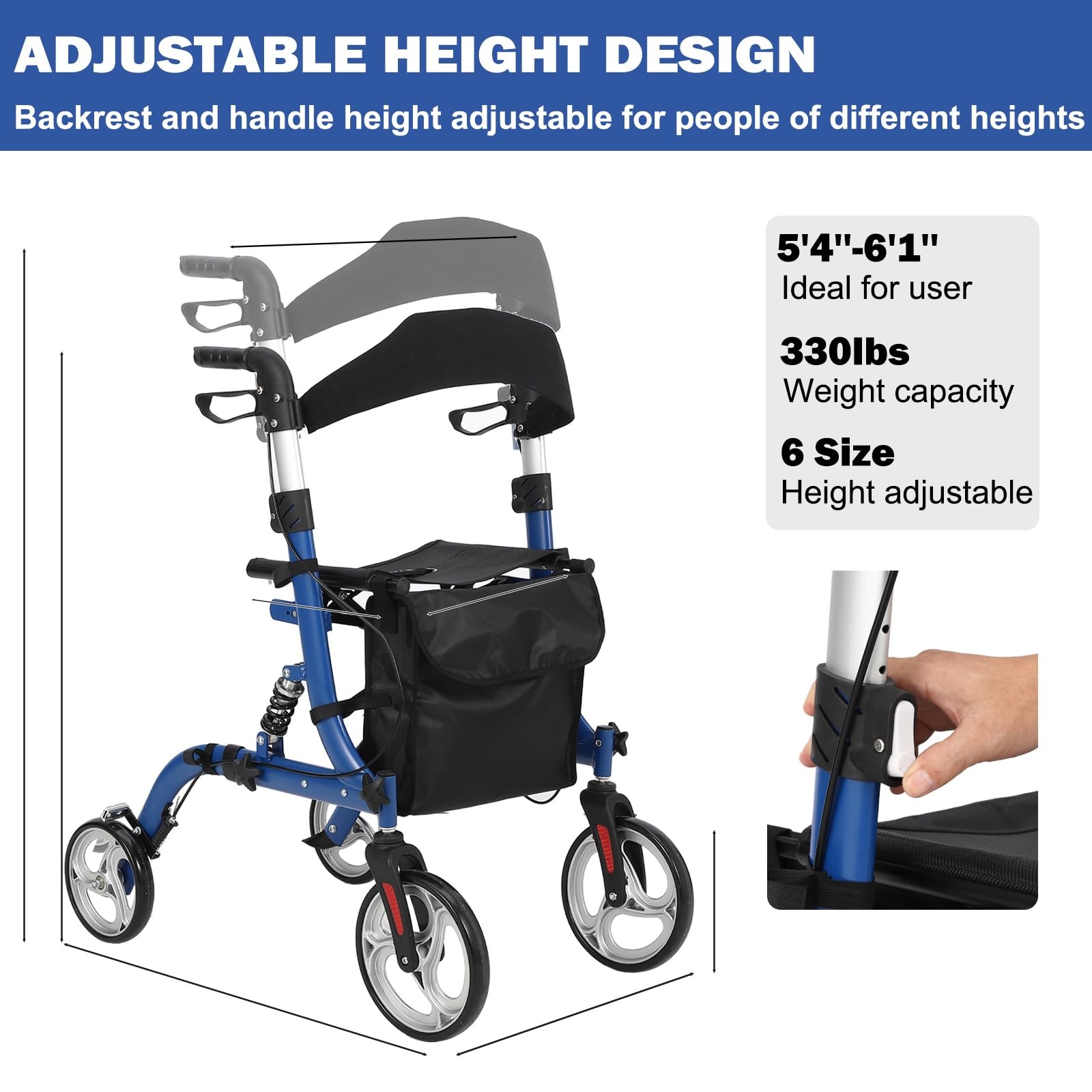 Foldable All Terrain Rollator Walker with Seat and 12" Rubber Wheels for Seniors