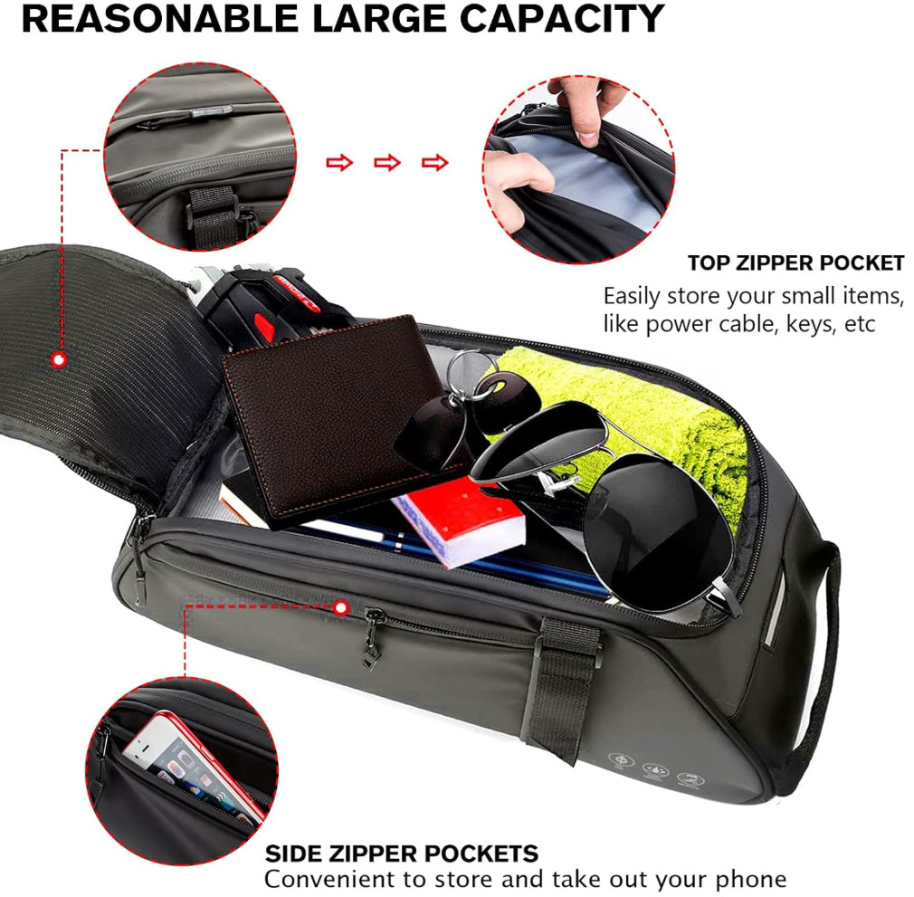 Bike Rear Bag Black Reflective Water Resistant 8L Storage Multipocketed w/Straps
