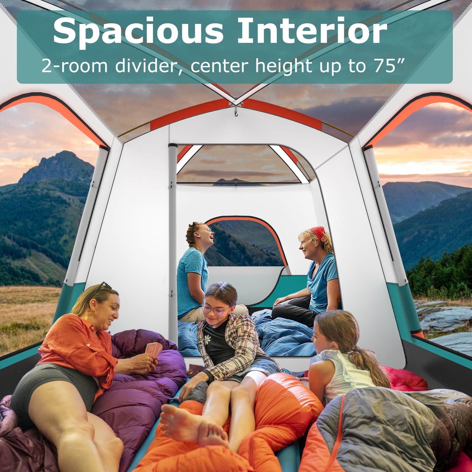 8-Person Camping Tent with Porch Large Family Cabin Tent with 2 Rooms 2 Doors