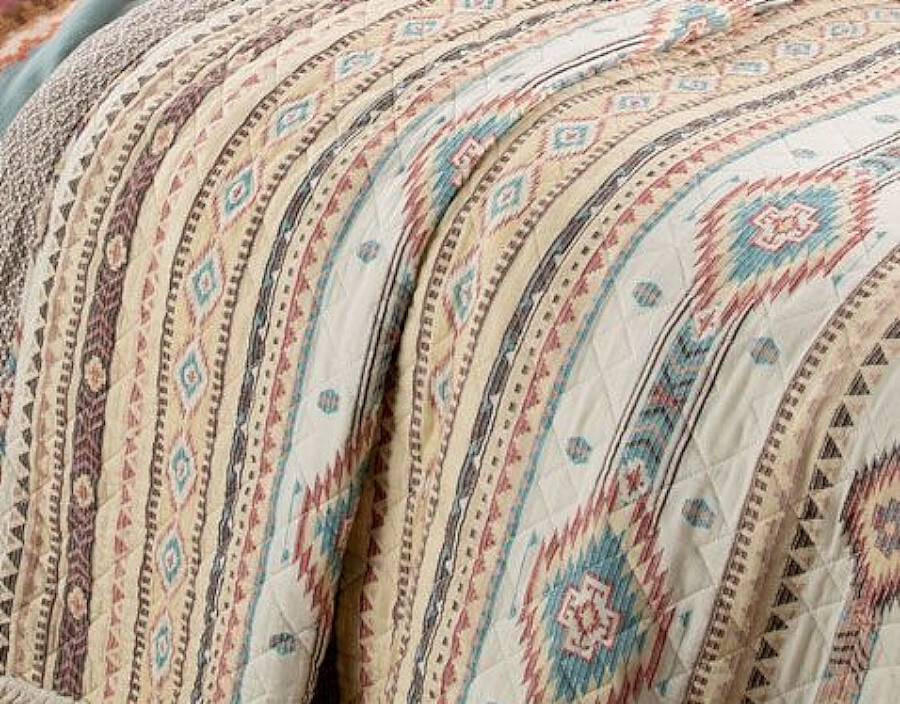 SOUTHWESTERN PHOENIX 3p King QUILT SET : BROWN TURQUOISE SOUTHWEST NATIVE TRIBAL