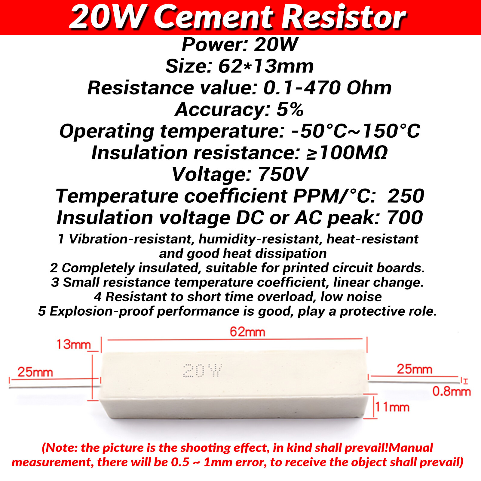 20 Watt Wire wound Cement Resistors Ceramic 0.1 ohms to 470 ohms Horizontal 5%