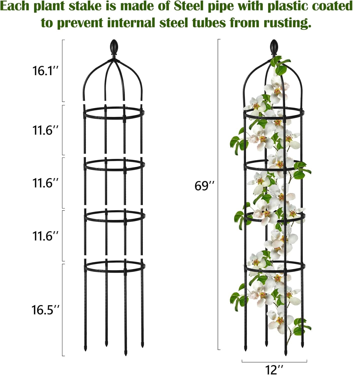 12"Wx69"H Metal Garden Obelisk Trellis Plant Support for Potted Climbing Flowers