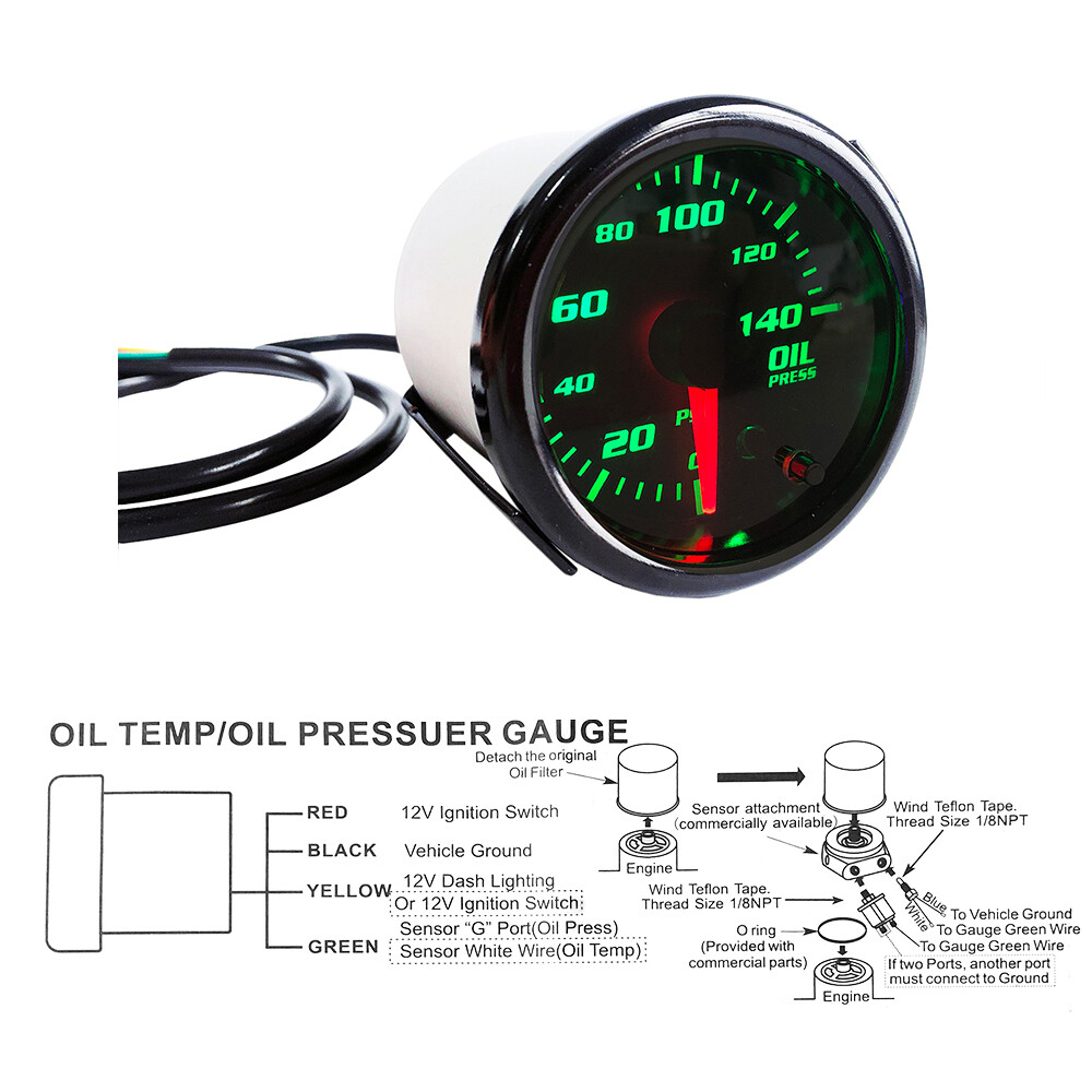 0-140 PSI 2'' 52mm 7 Color LED Digital Oil Pressure Gauge Meter W/ Sensor