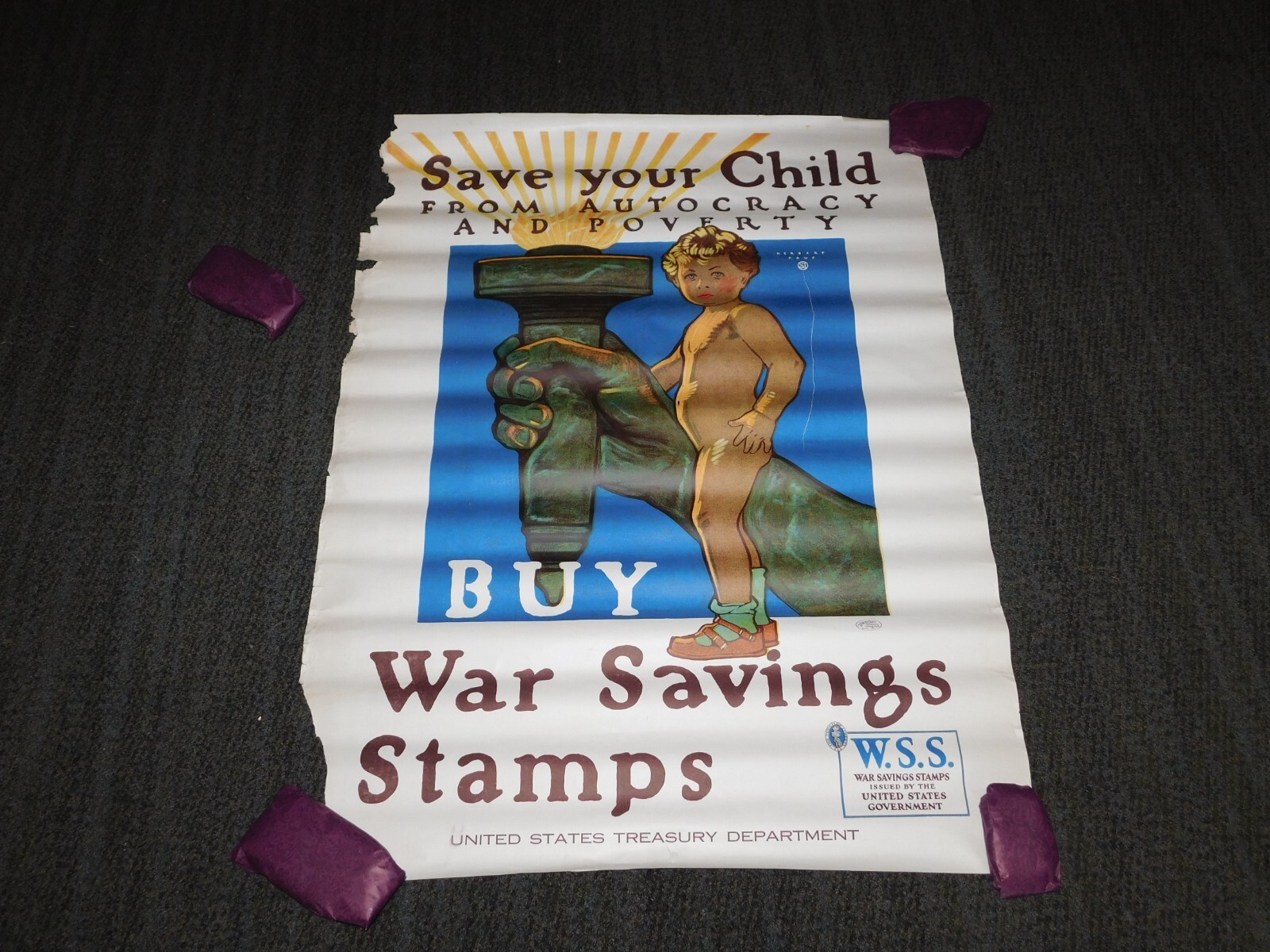 VINTAGE WWI WORLD WAR 1 SAVE YOUR CHILD SAVING STAMPS POSTER
