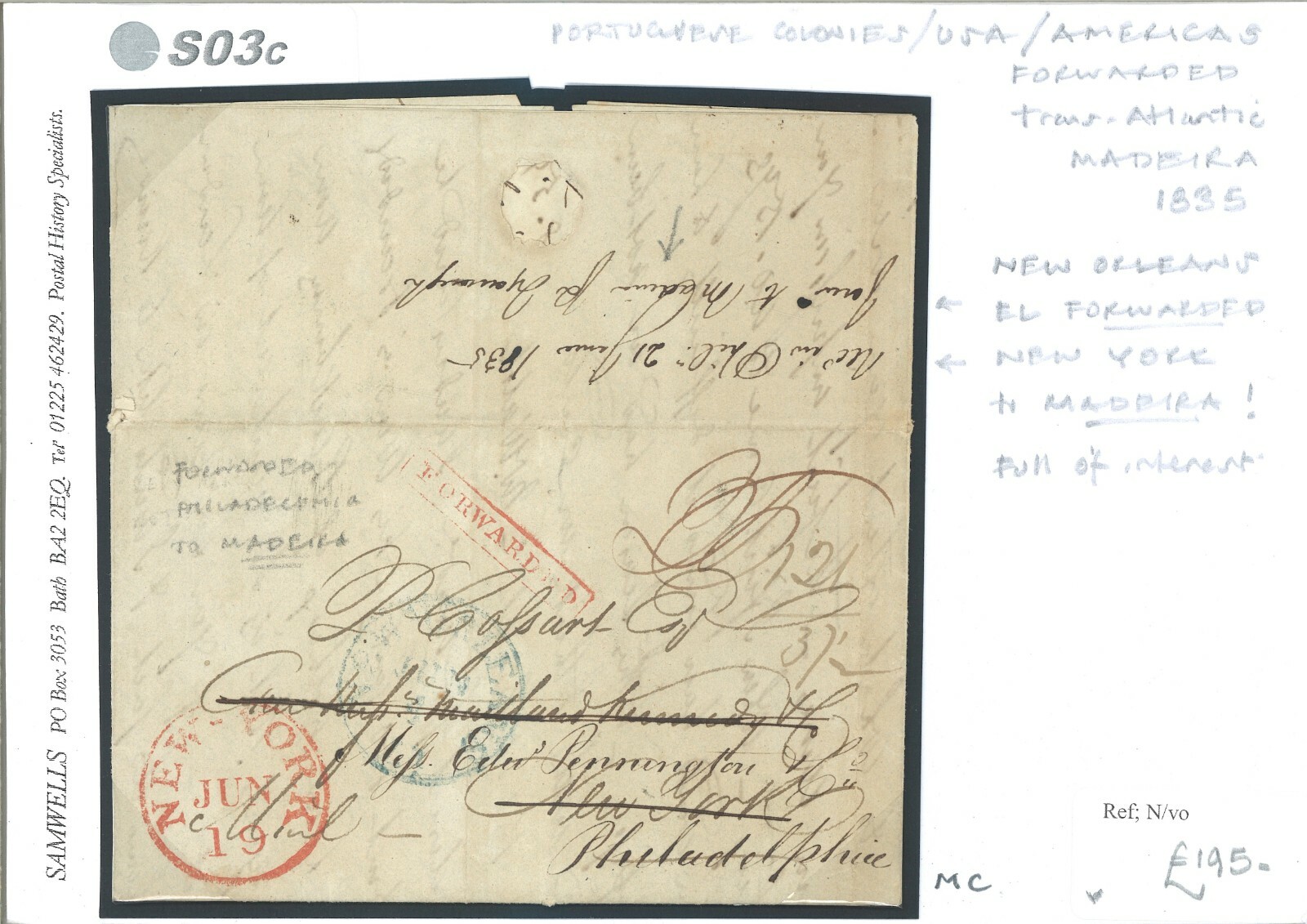 USA Cover NEW ORLEANS EL FORWARDED MADEIRA Transatlantic 1835{samwells}S03c
