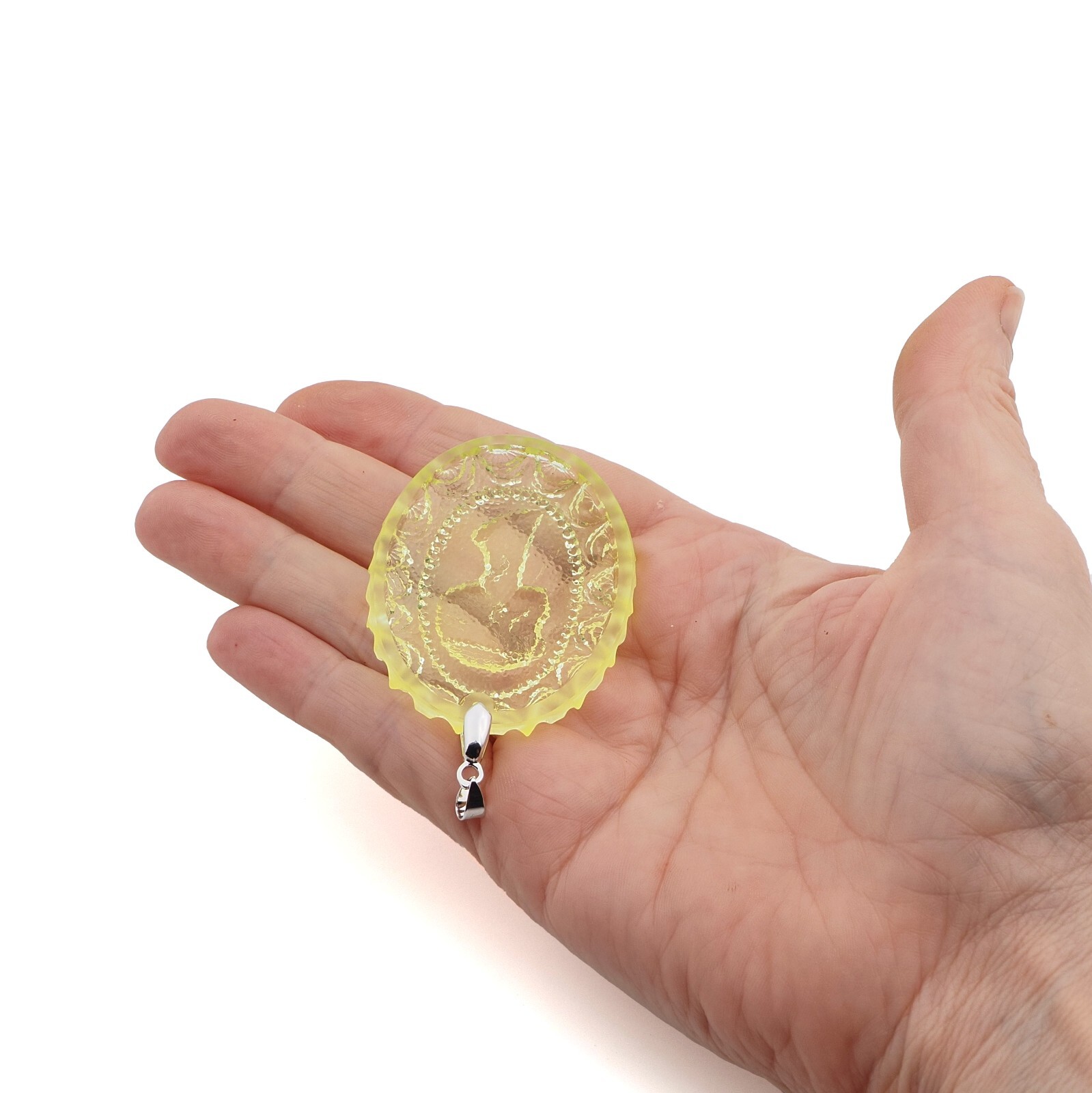 Large Czech Uranium Jewelry glass cameo cabochon necklace pendant silvered hook