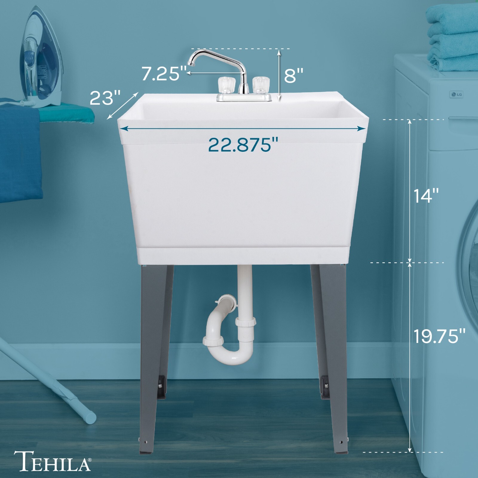 Utility Laundry Sink with Chrome Finish Dual Handle Faucet 19 Gallon - White