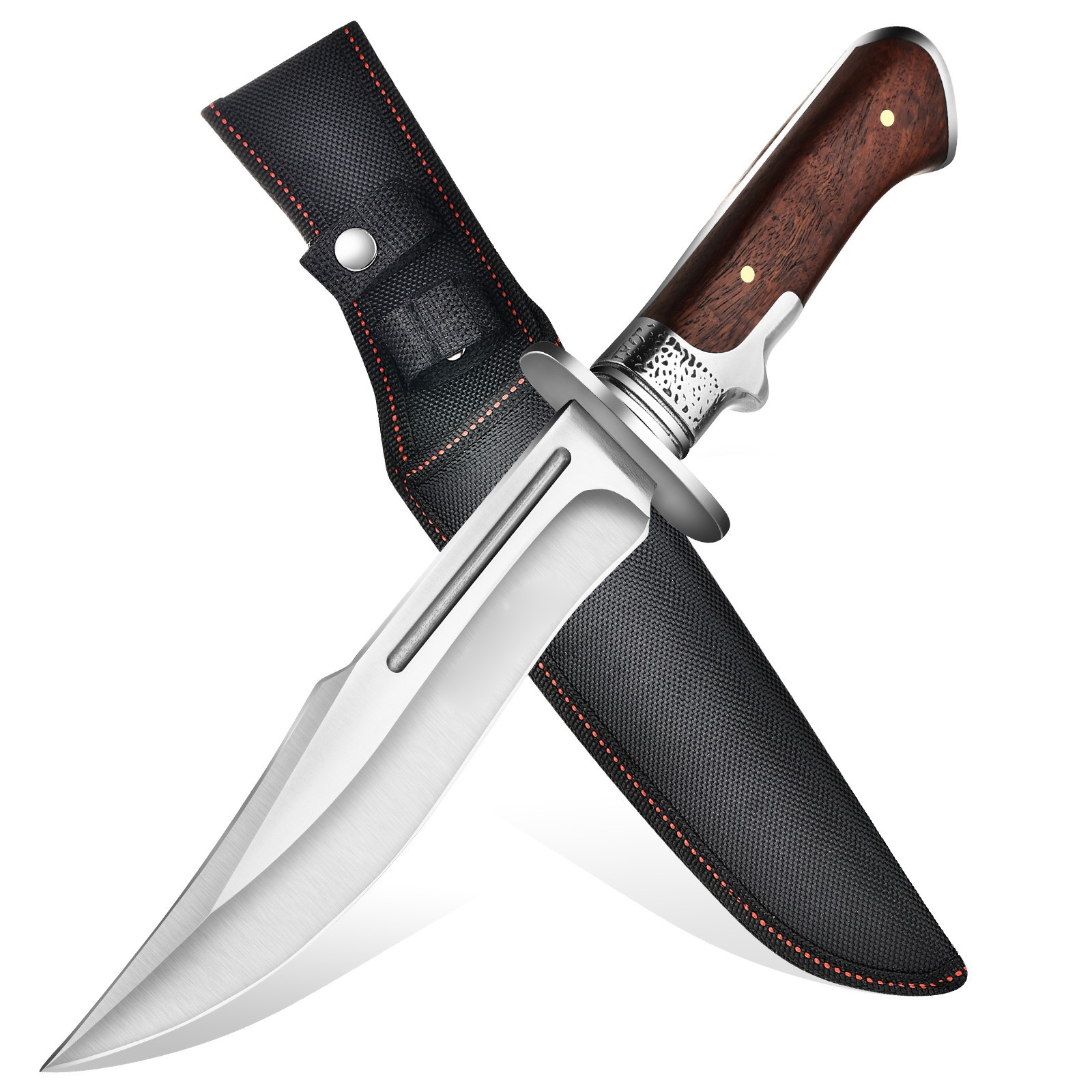 Outdoor Bowie Fixed Blade Knife with Wood Handle and Sheath