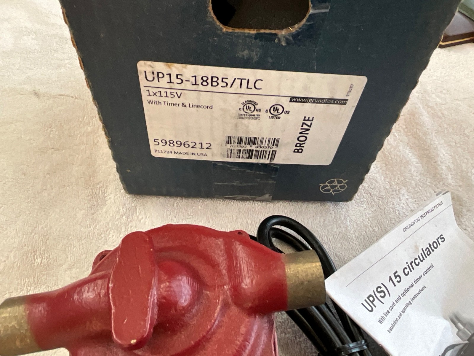 New Grundfos UP 15-18B5/TLC Bronze Circulator Pump w/ optional timer new in box