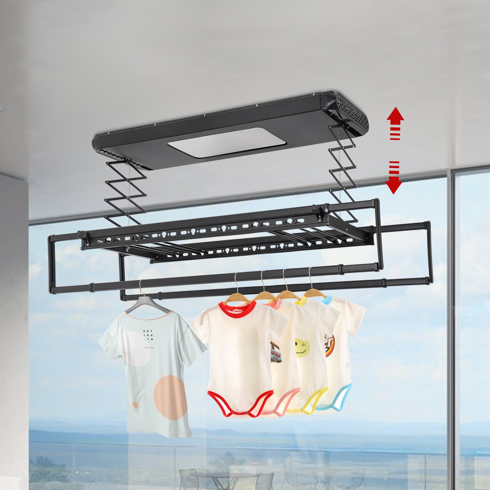Electric Retractable Airing Rack Clothes Drying Rack W/ Remote Control & Light