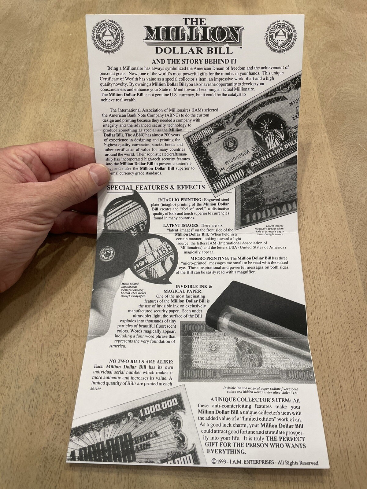 Million Dollar Bill - IAM Collector Series 1988 With Cert of Auth & Paperwork