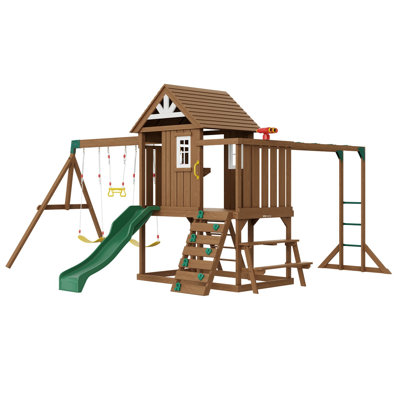Wooden Swing Set 10 IN 1 Outdoor Playground Sets 6 FT Slide Upper Fort