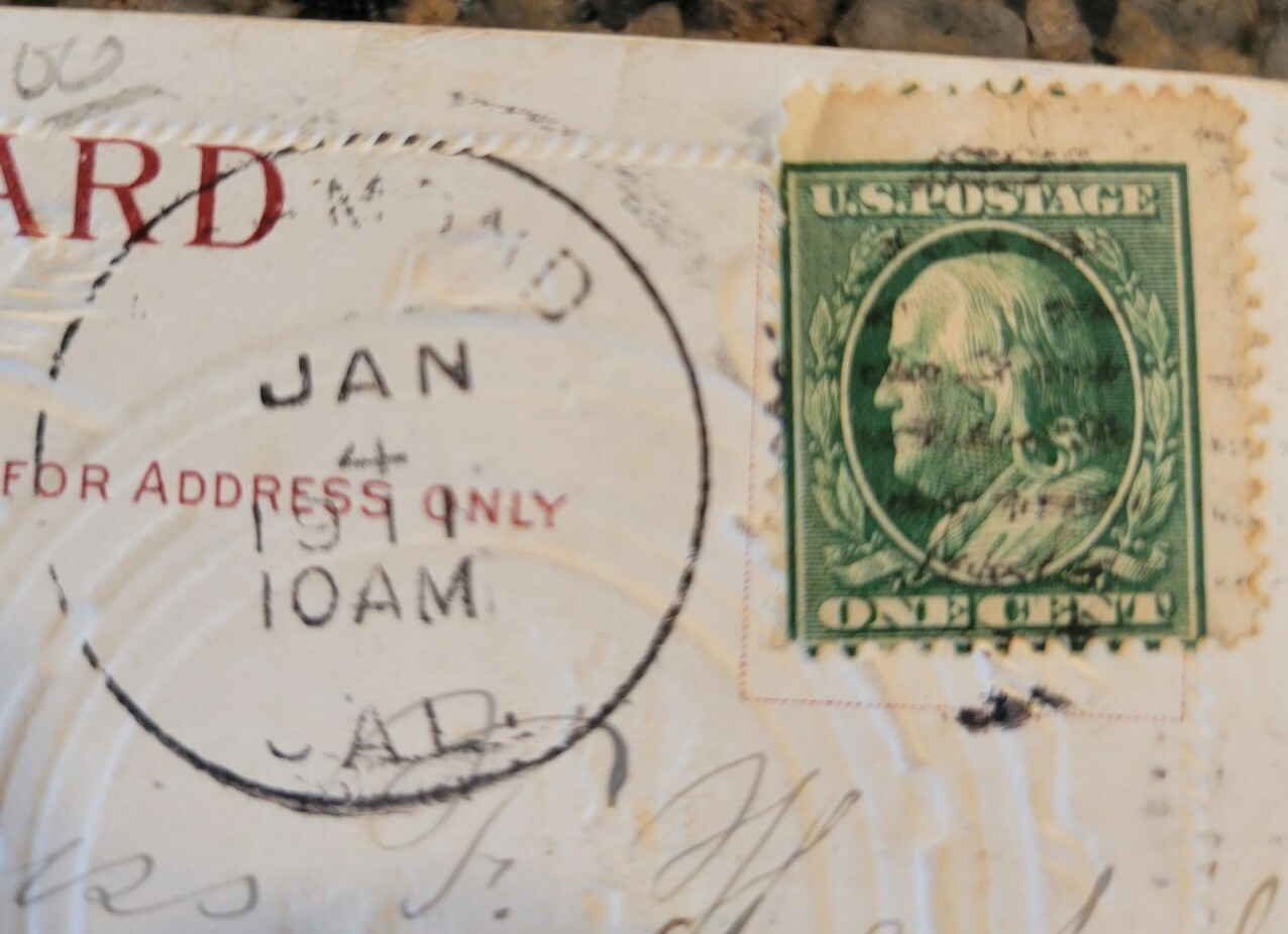 BENJAMIN FRANKLIN 1 Cent Stamp New Year Embossed Postcard 1911 Post Marked