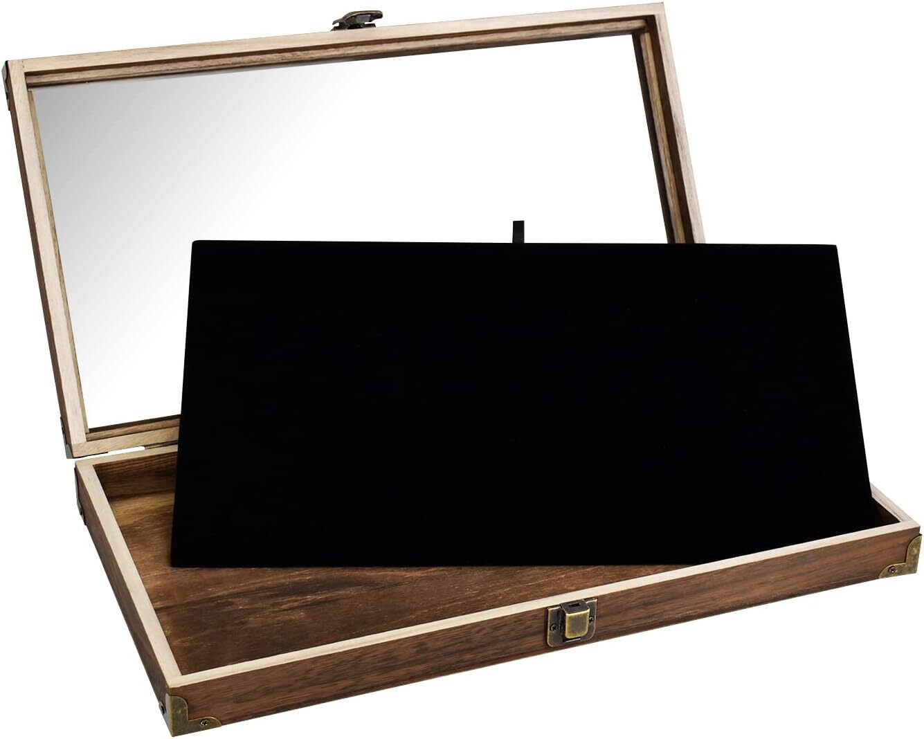 Gun Display Case Brown Wood Handgun Pistol Revolver Glass Lock Knife Shadow Box