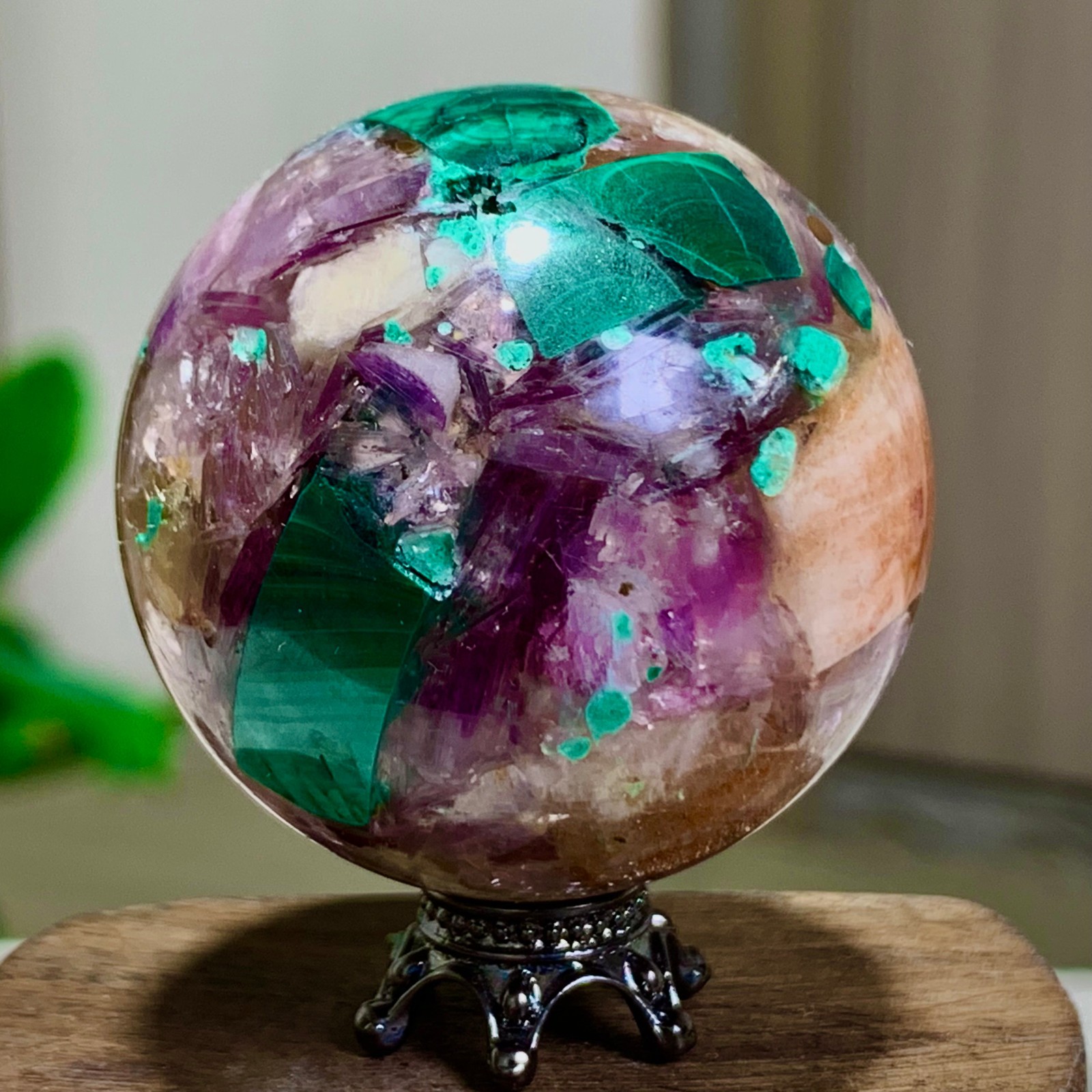 79G Newly discovered rare malachite purple mica symbiotic sphere restoration