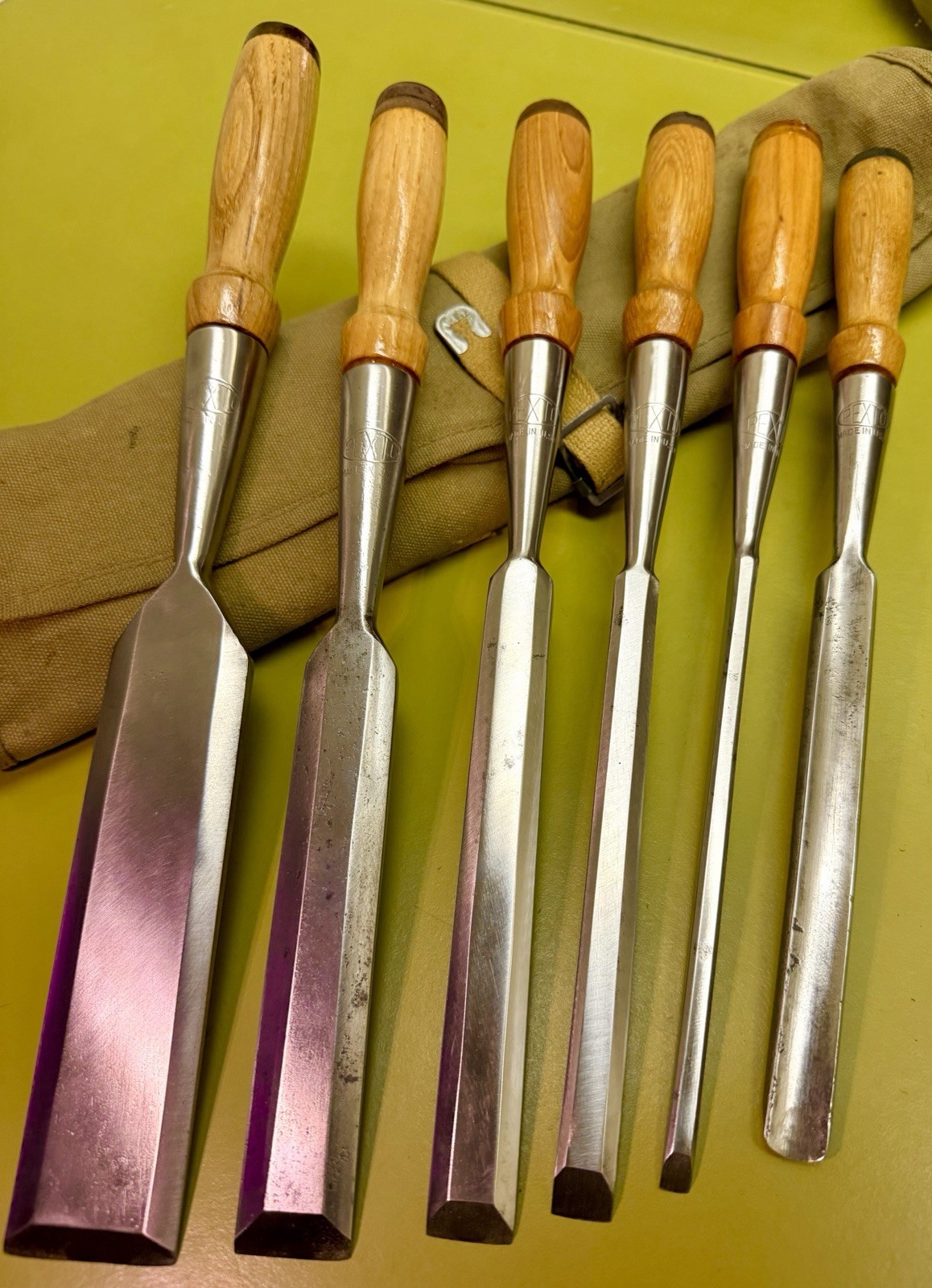 SUPERB 6-pc Set PEXTO vtg Socket Chisels w/MATCHING Handles & CANVAS TOOL ROLLUP