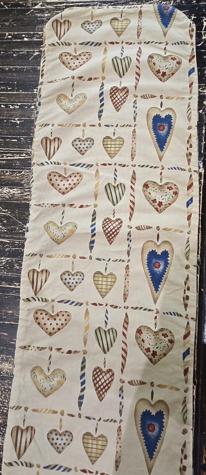 Vintage Noah's Ark Table Runner Folk Art Tapestry Country Hearts 56" x 9 3/4"