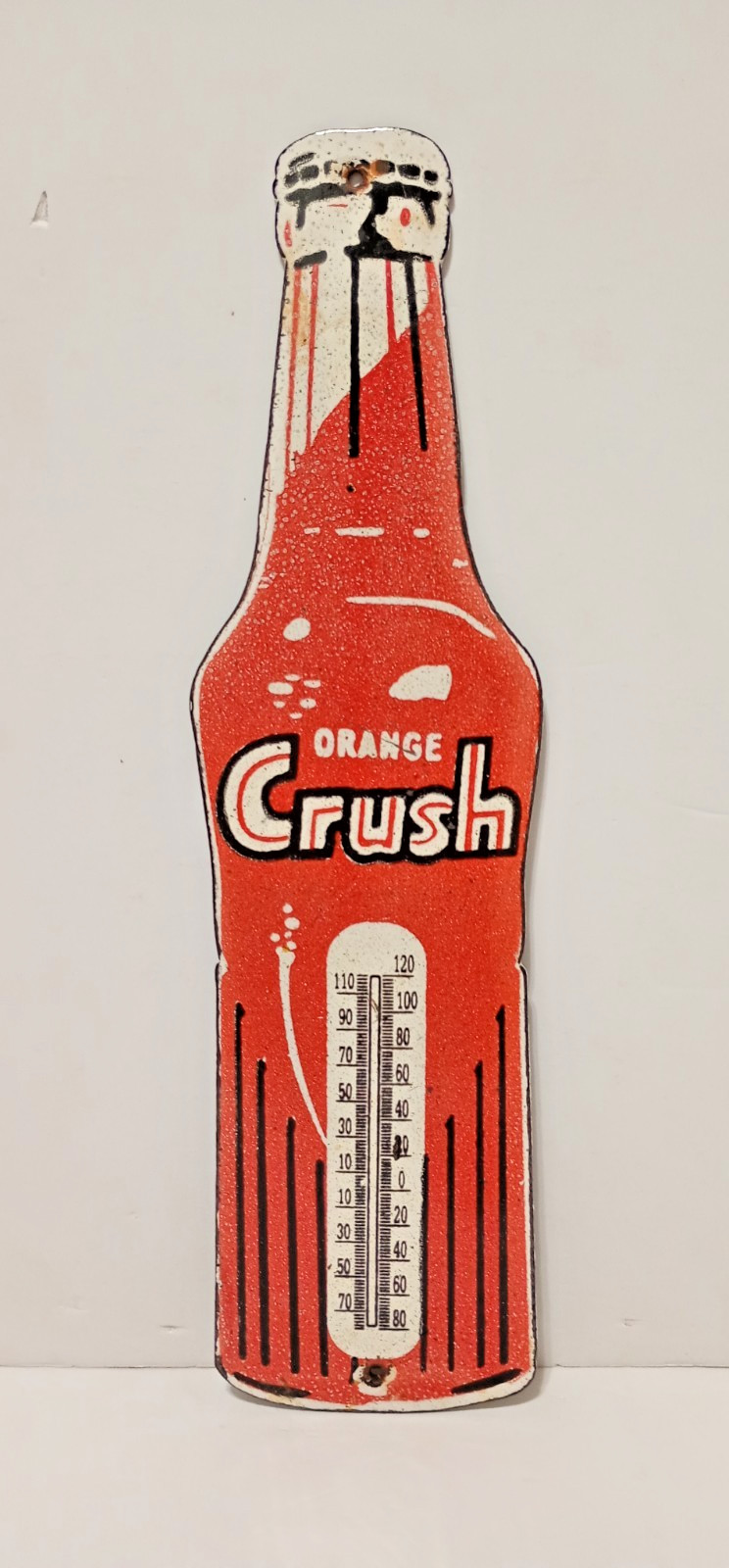 VINTAGE ORANGE CRUSH THERMOMETER SODA BOTTLE PORCELAIN ENAMEL SIGN 12" x 3-1/3"