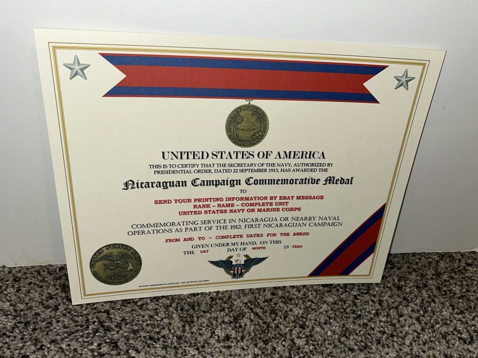 NICARAGUAN CAMPAIGN (NAVY) COMMEMORATIVE MEDAL CERTIFICATE ~ W/PRINTING TYPE-1