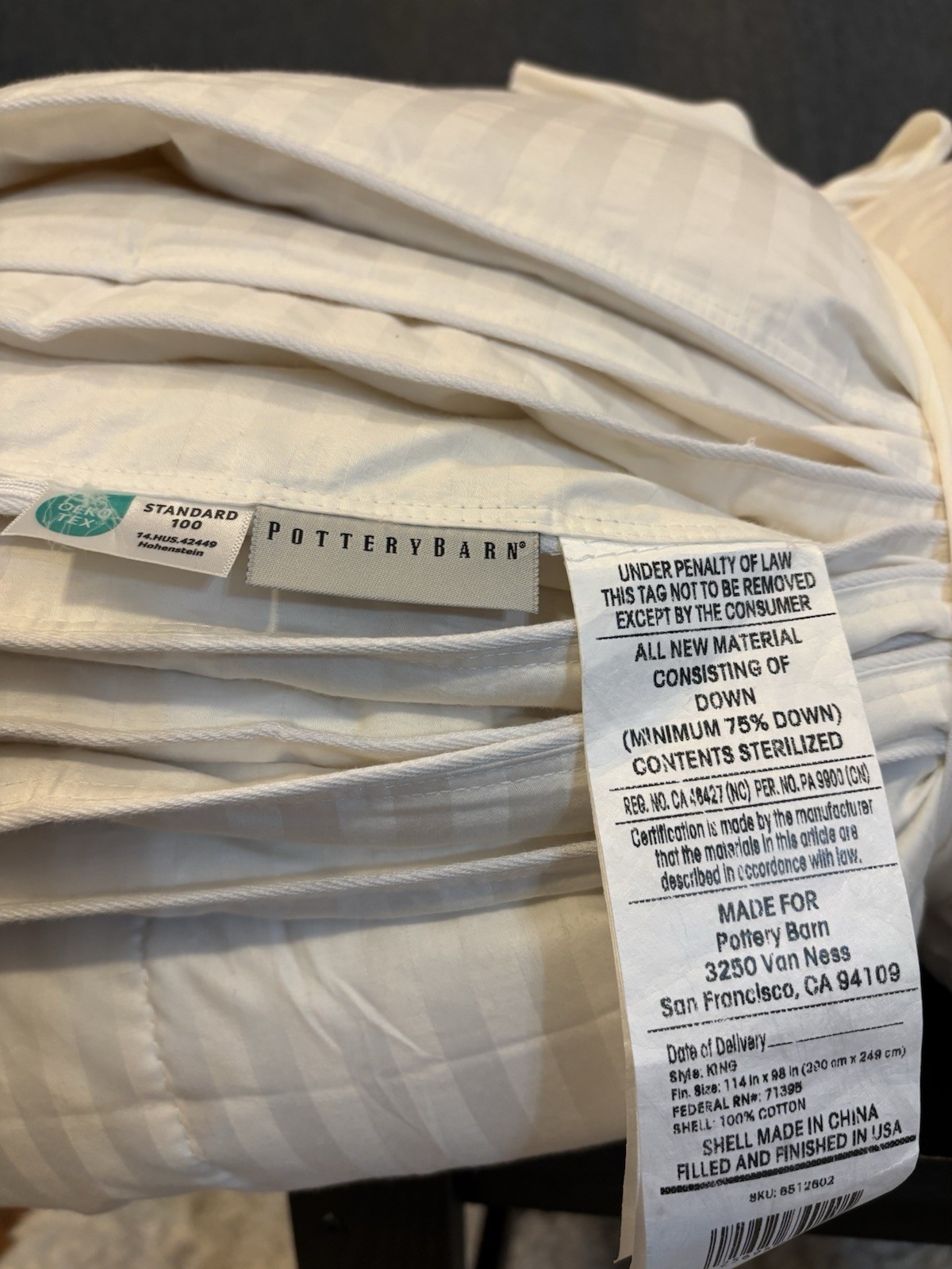 Pottery Barn Hydrocool Moisture Wicking Down Duvet Insert, Lightweight, King,New