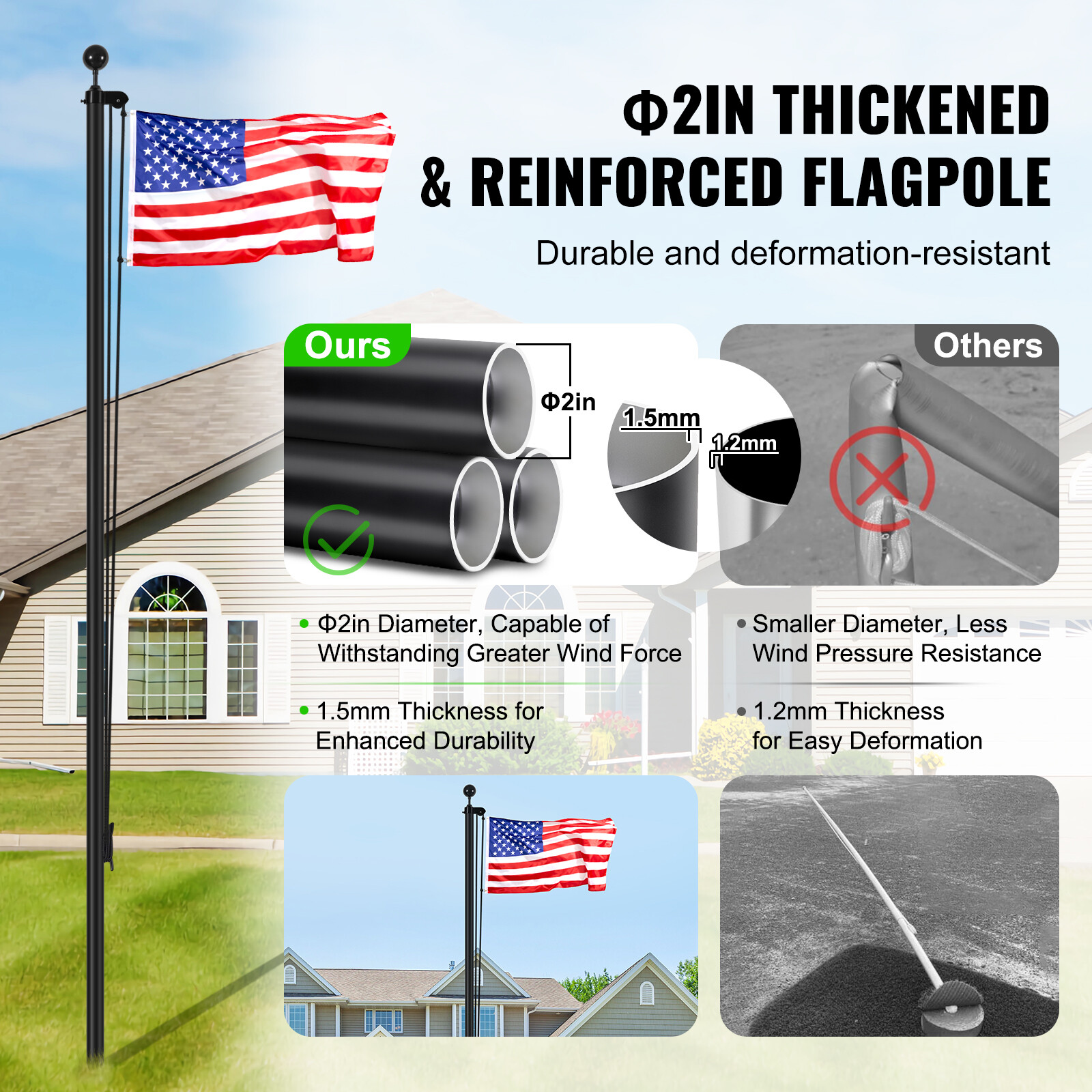 VEVOR 30FT Detachable Flagpole Kit Heavy Duty Aluminum Flag Pole American Black