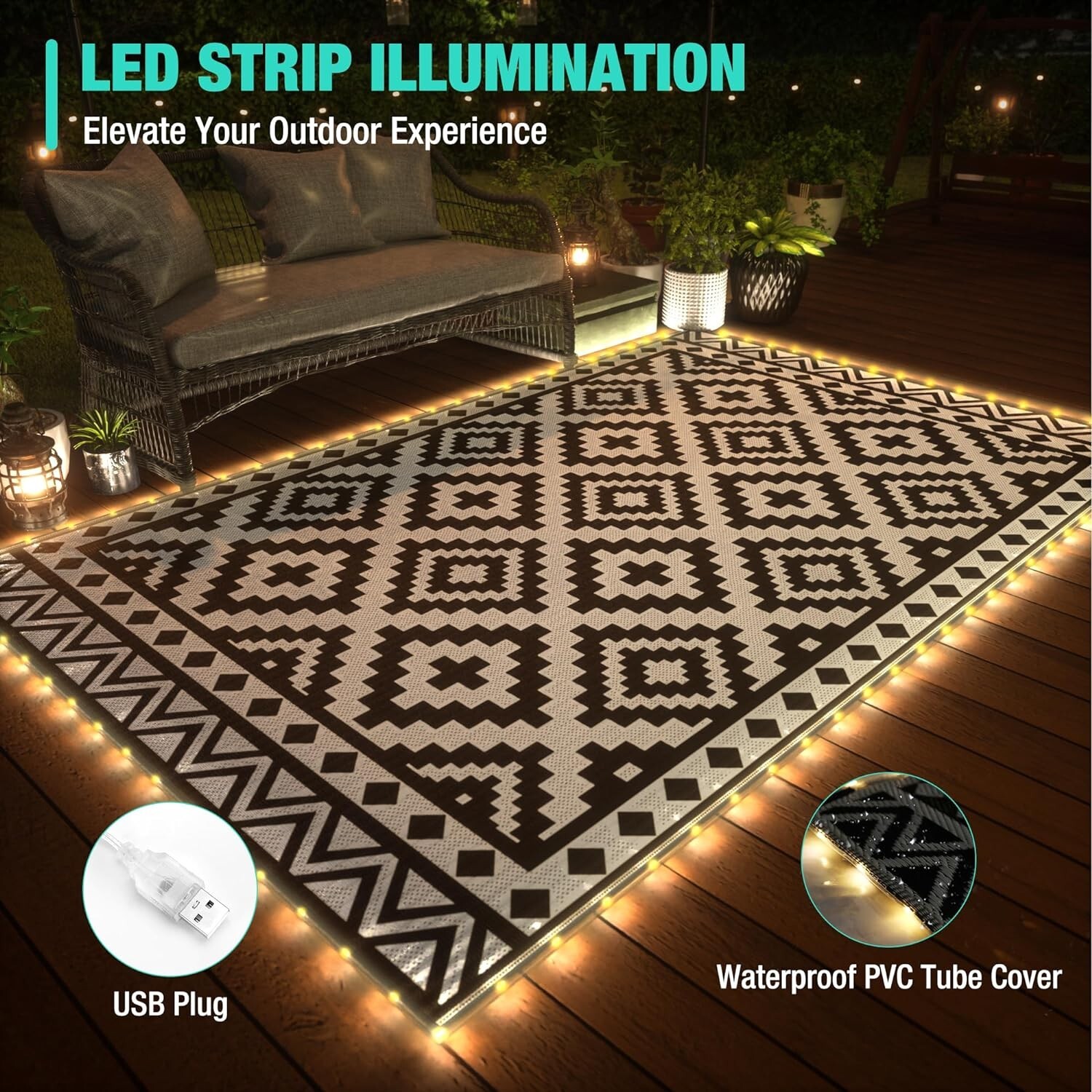 HAUSHOF 5'X8' Outdoor Rug Waterproof with LED Strip Light Black&White for Porch