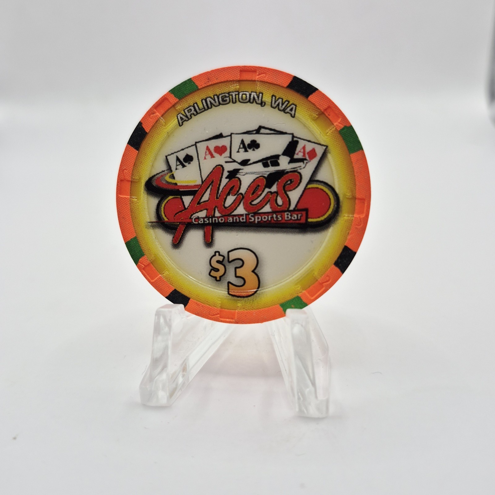 Aces Casino & Sports Bar Arlington Washington 'UNCIRCULATED' $3 Casino Chip