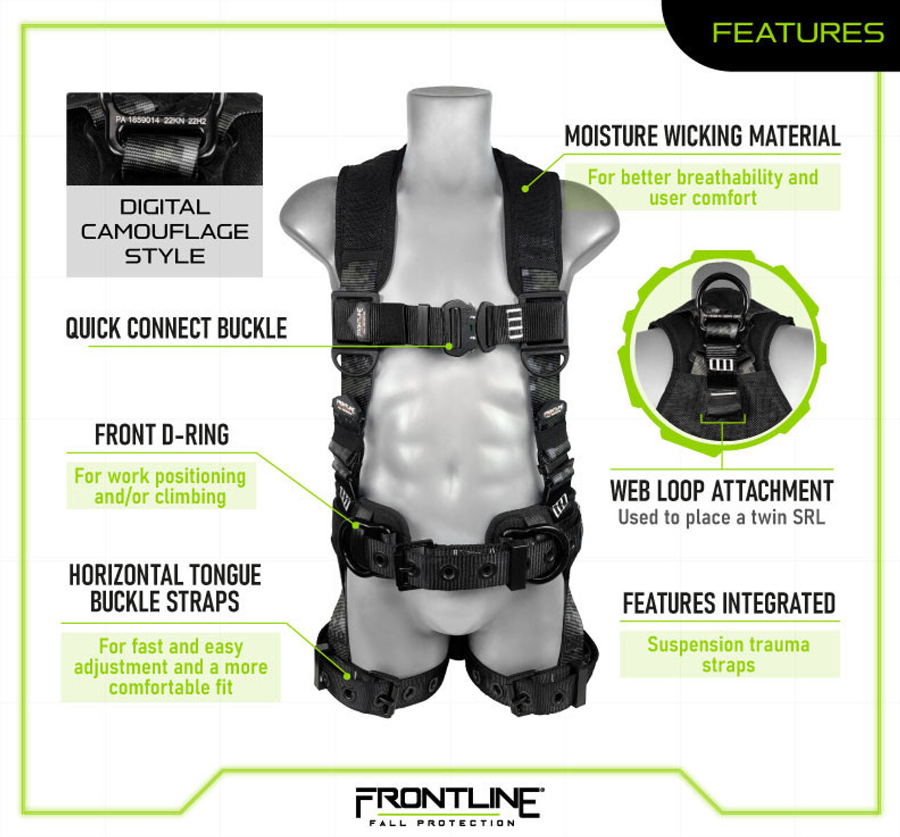 Frontline 110CTB-DC Combat™ Lite Digital Camo Full Body Harness all Aluminum