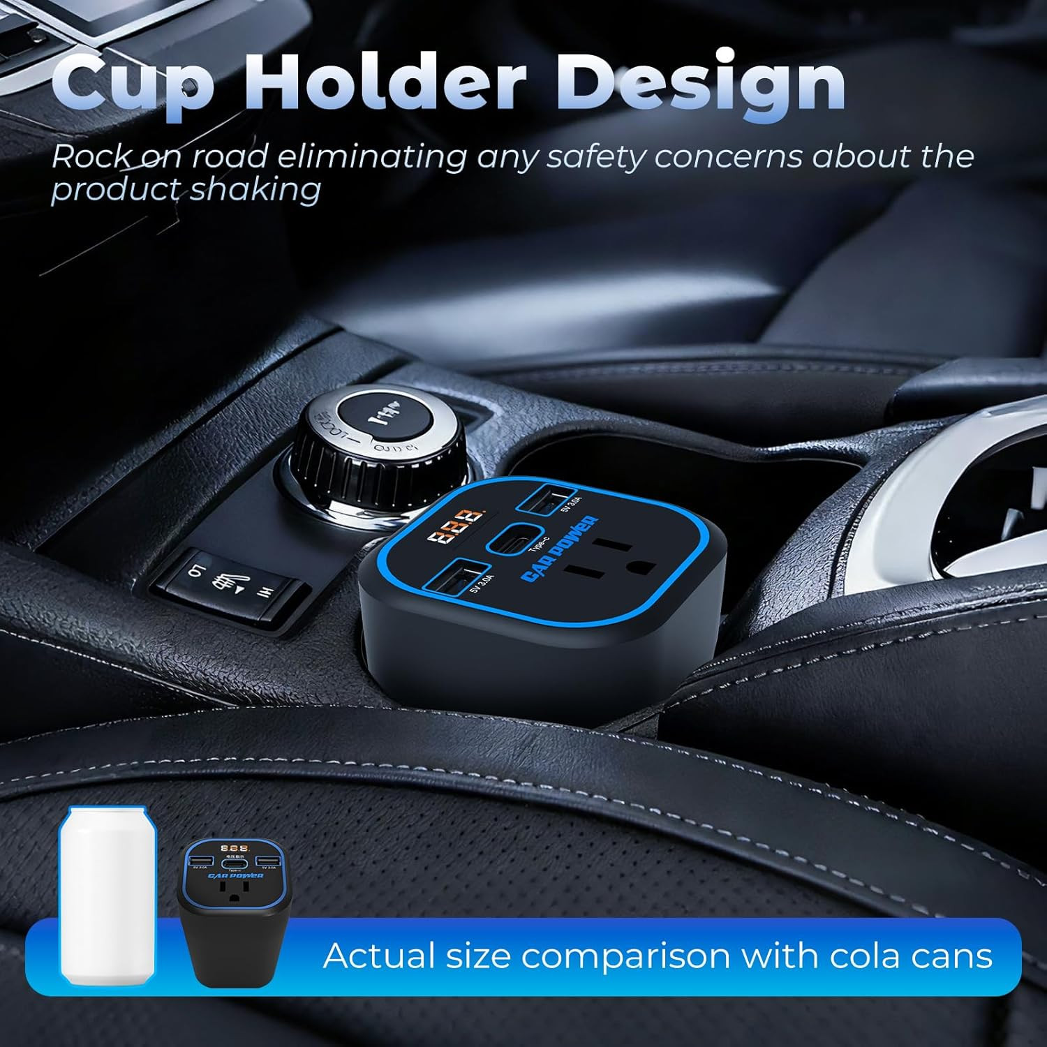 200W Car Power Inverter 12V to 110V Outlet Adapter Dual USB Type-C Blue