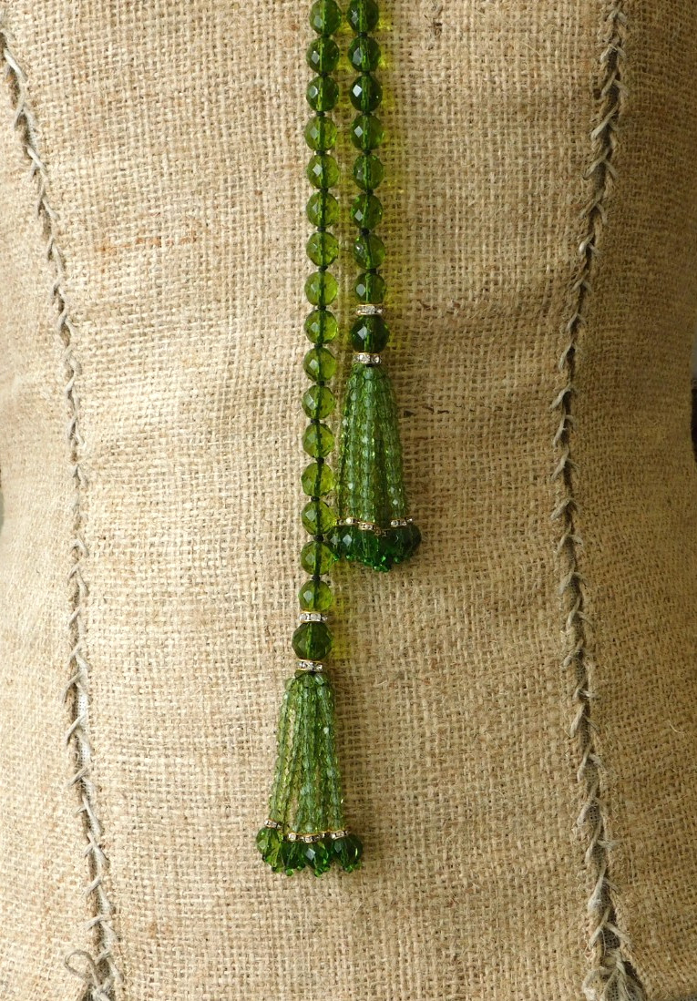 Vintage JOAN RIVERS Lariat Tassel Necklace Green Faceted Beads Flapper NWT