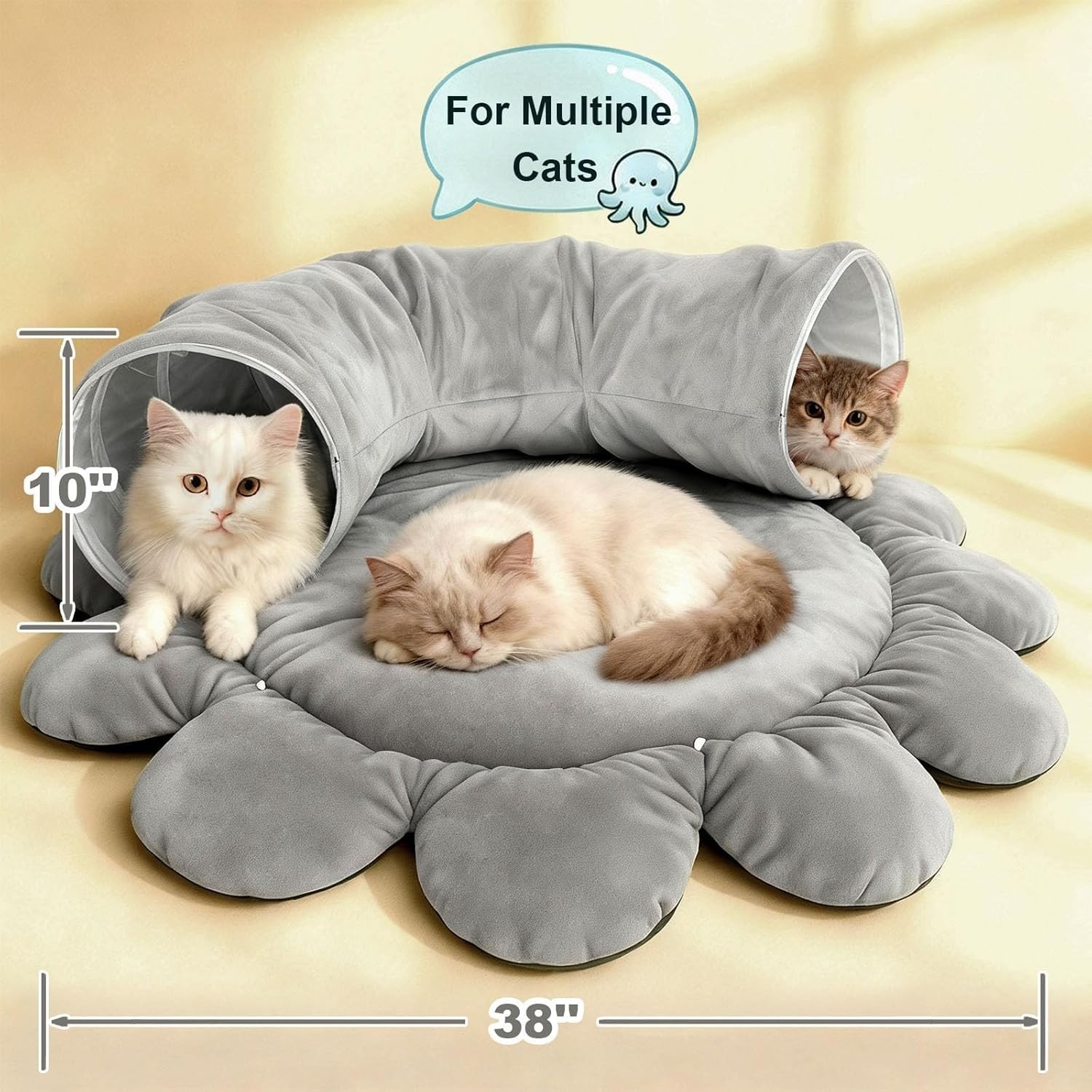2-in-1 Cat Tunnel Bed with 20 Cat Toys, Washable Peekaboo Cat Cave Bed