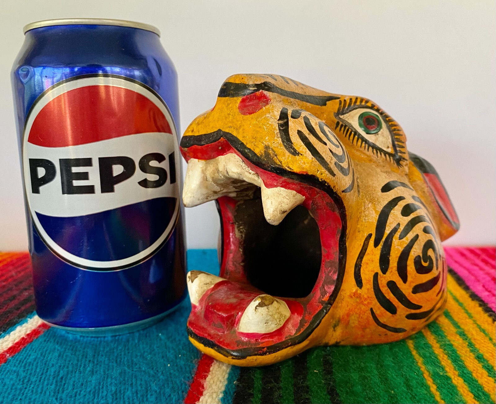 Mexican Folk Art Carved Wood Jaguar Leopard Cat Head Lion Face Mask Guerrero 5"