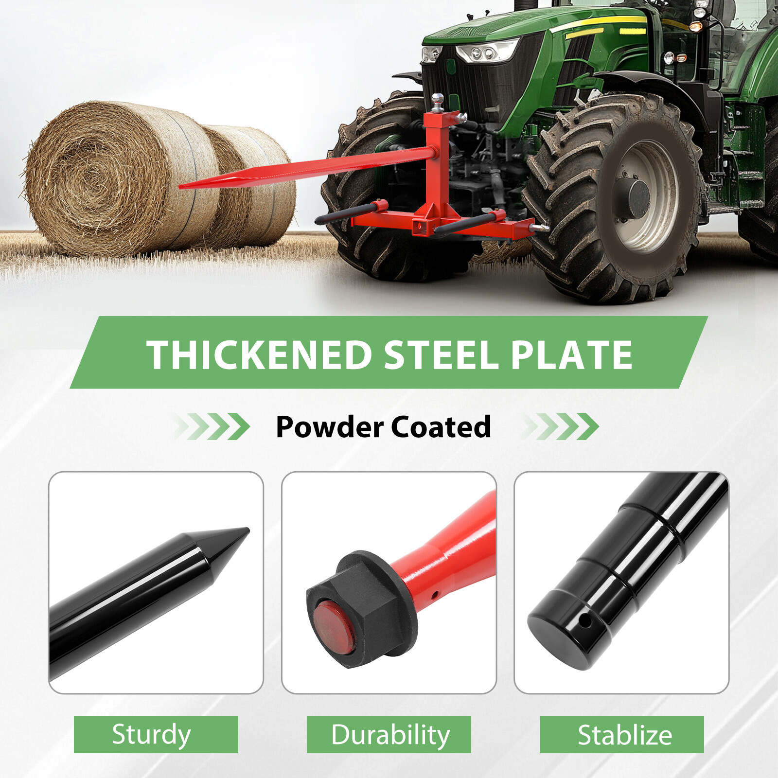 Hay Bale Spear Quick Attach Square W/Stabilizers Sleeves Spike Fork For Tractors