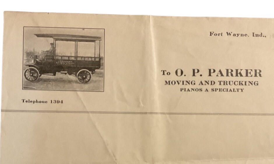 O P Parker Moving Trucking Piano Mover Fort Wayne IN Letterhead Stationery A1