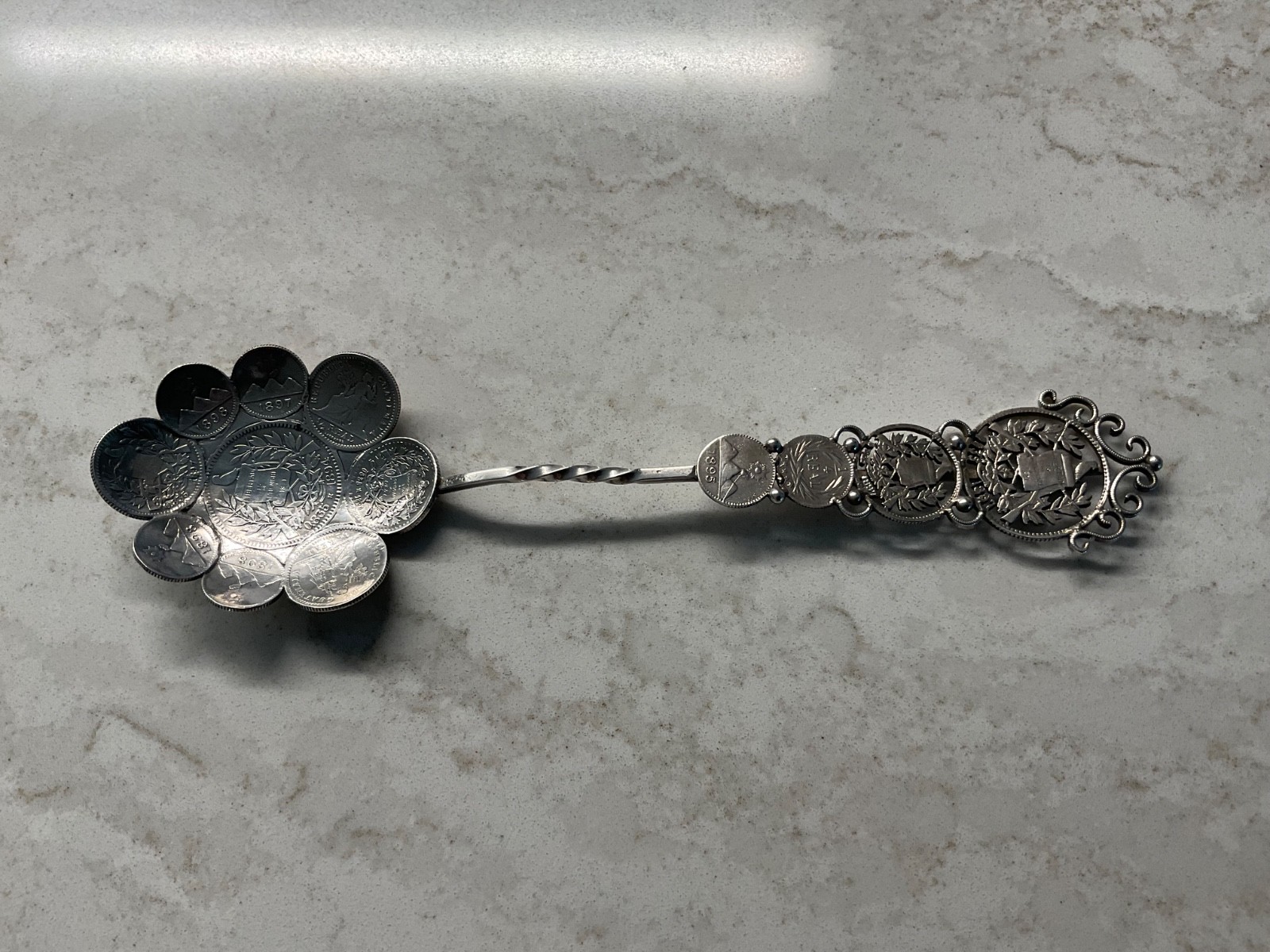 RARE  ONE OF A KIND ANTIQUE GUATEMALAN SILVER COINS MADE INTO A SPOON