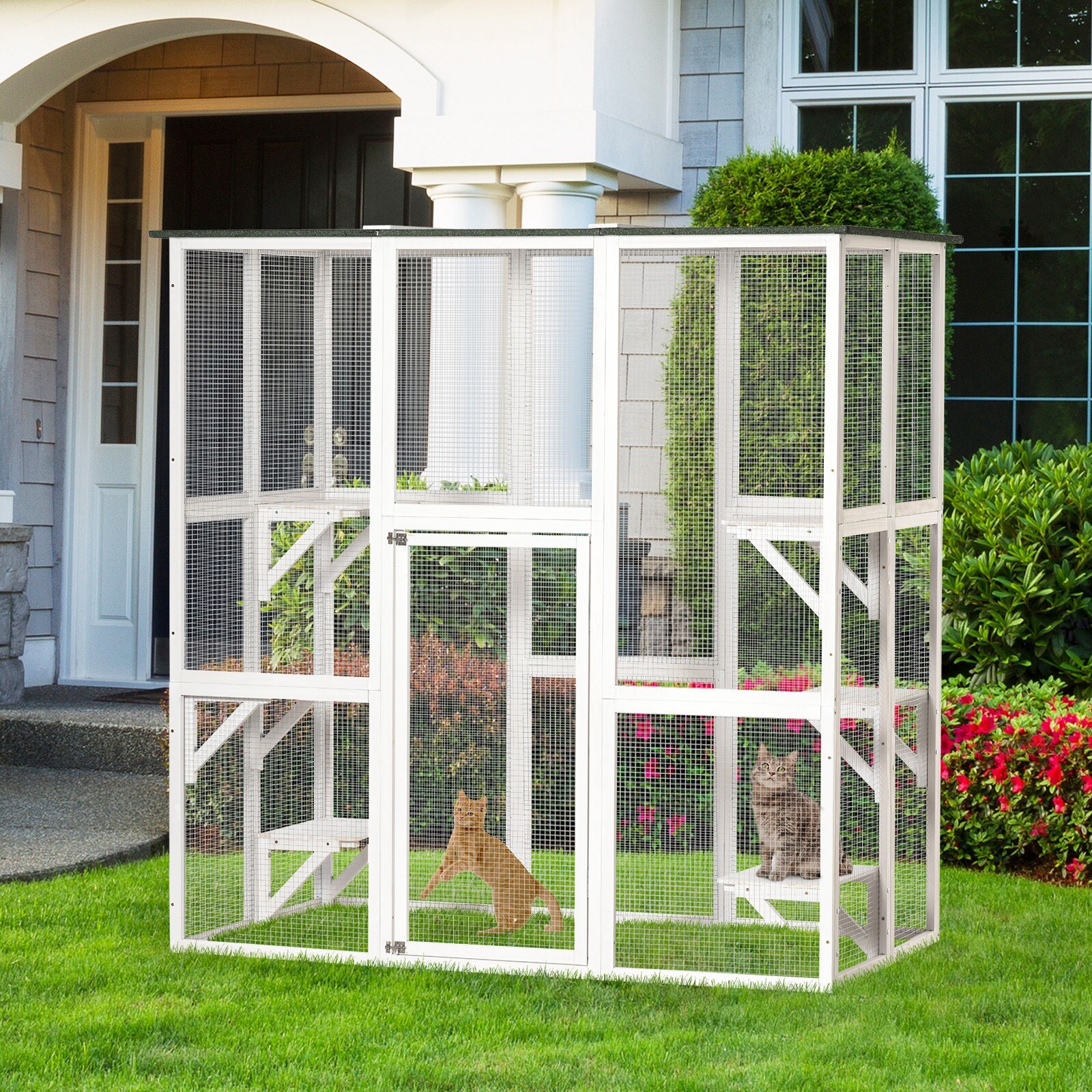 Outdoor Cat House with Weather Protection, Multiple High Ledges, 71" L, White