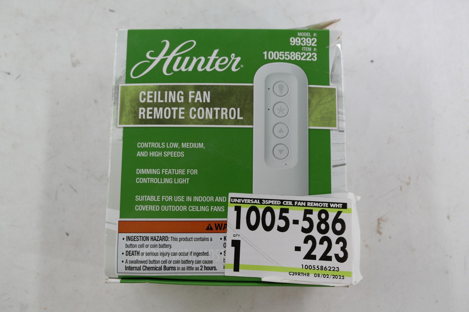 Hunter 99392 Ceiling Fan Remote Control Universal 3-Speed White Indoor Outdoor