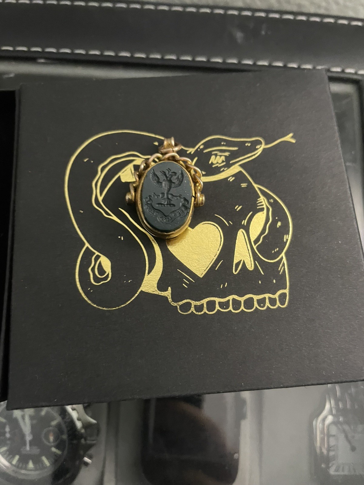 HEART & SERPENT Antique Bloodstone Intaglio Fob in 9 Carat Gold; Circa 1900