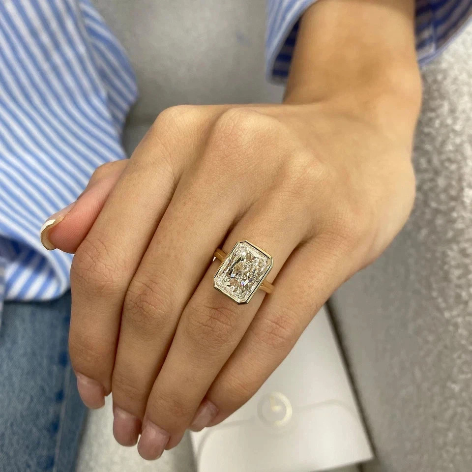 5 CT Radiant Cut Real Moissanite Bezel Engagement Ring 14k Yellow Gold Plated