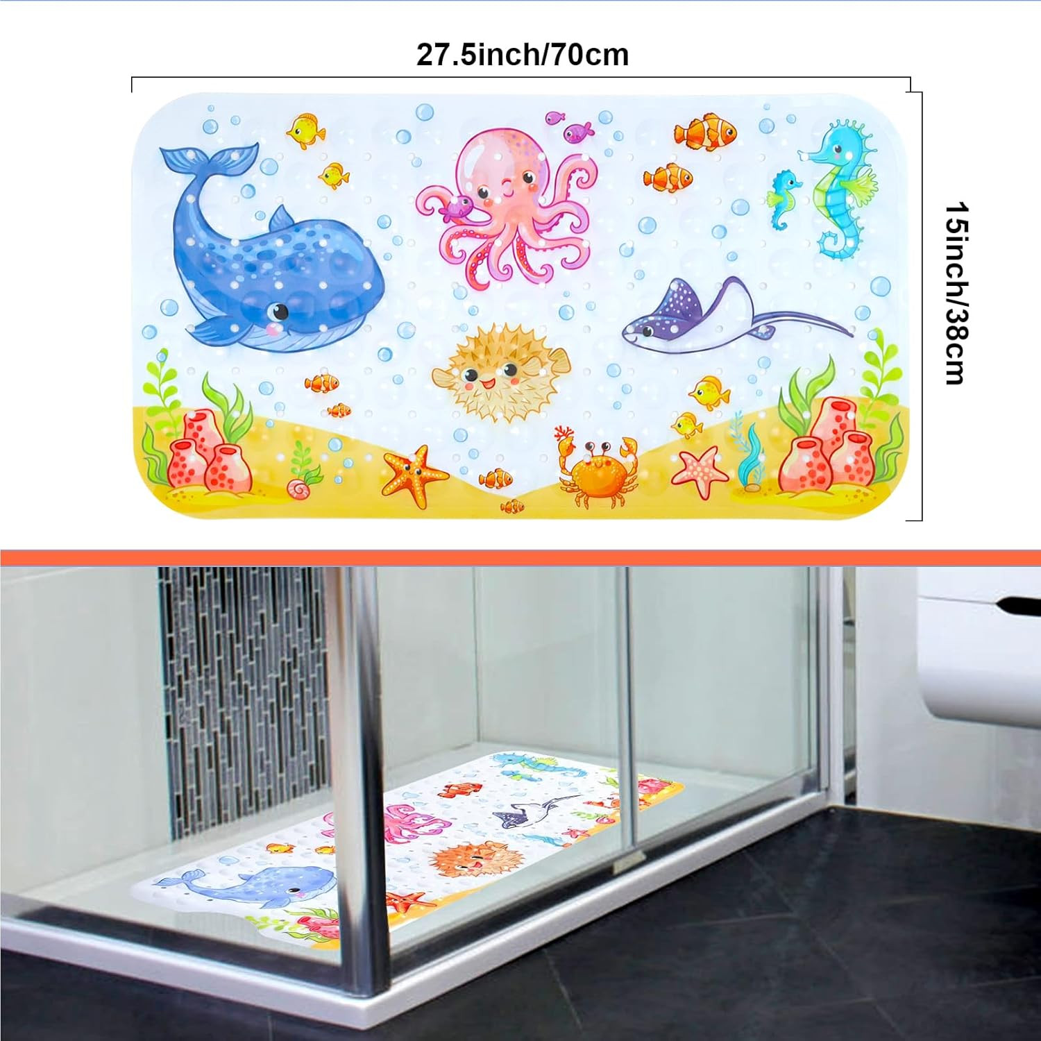 Kids Bath Mat for Tub Non Slip, 27.5In X 15In Large Cartoon anti Slip Toddler Ba