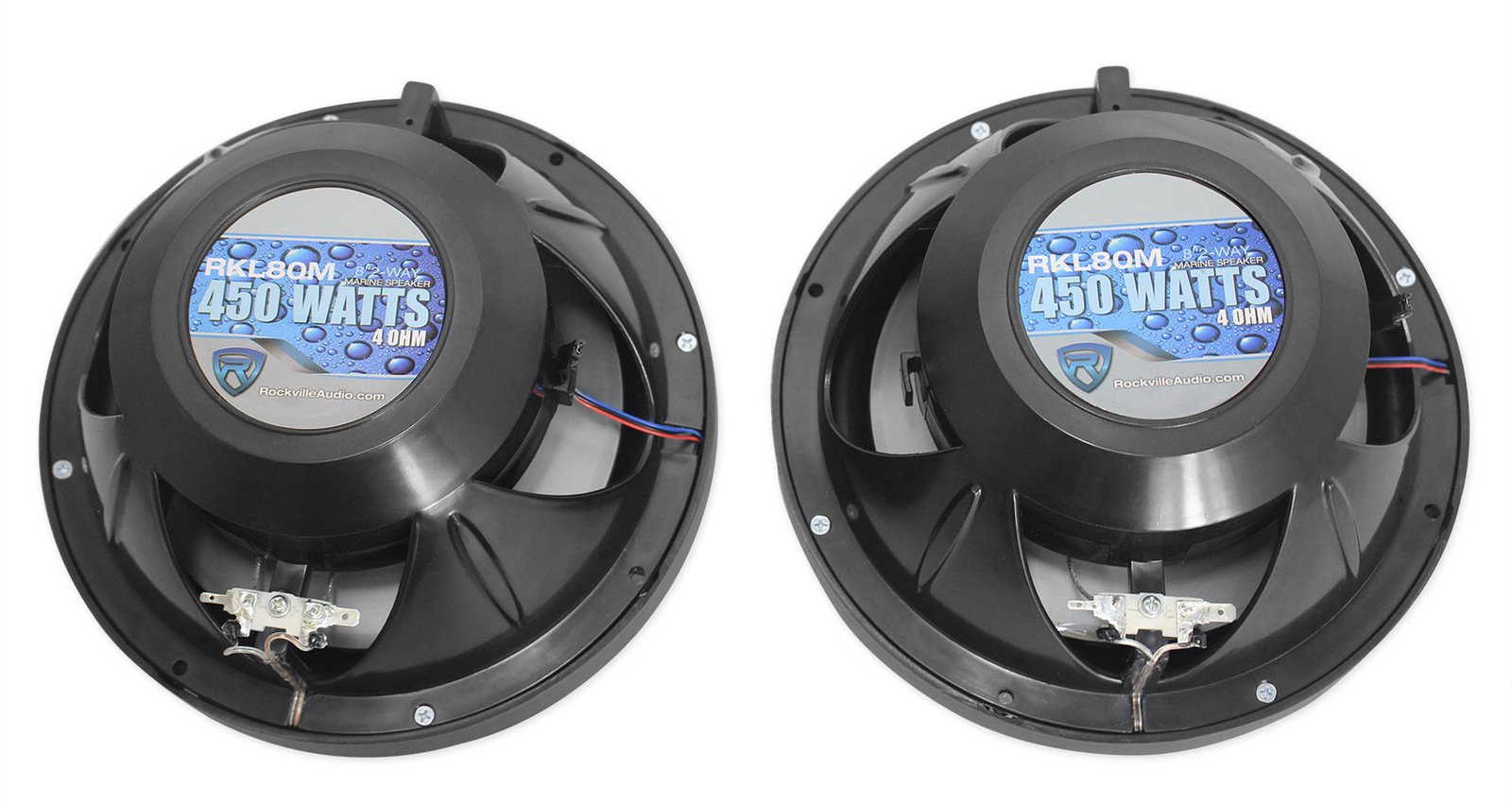 Pair Rockville RKL80MB 8" 900 Watt Black 2-Way Marine Boat Speakers w/LED's