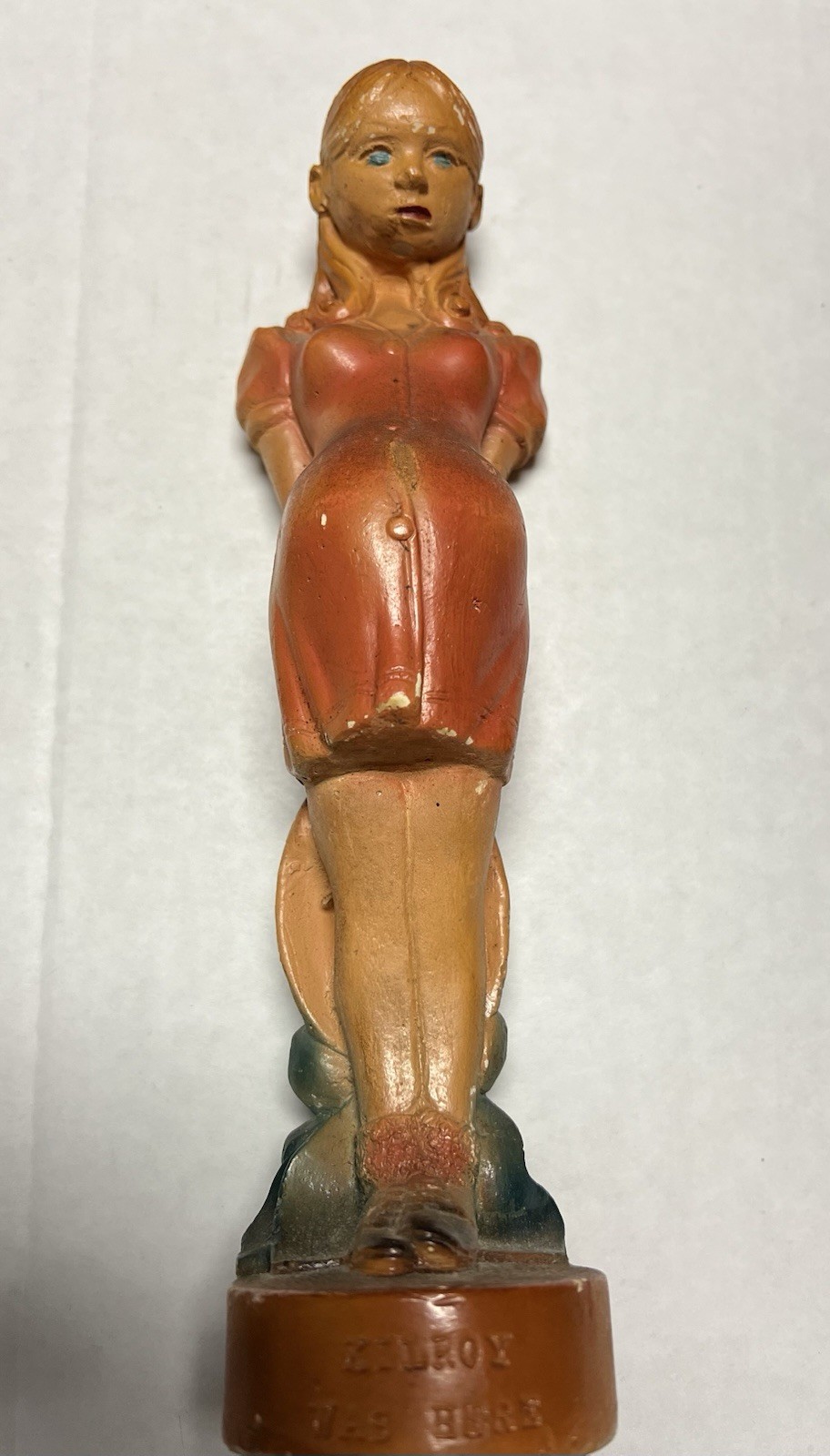 WWII Kilroy Was Here Chalk Ware Plaster Pregnant Figurine, 9 1/2” Tall Rare Find
