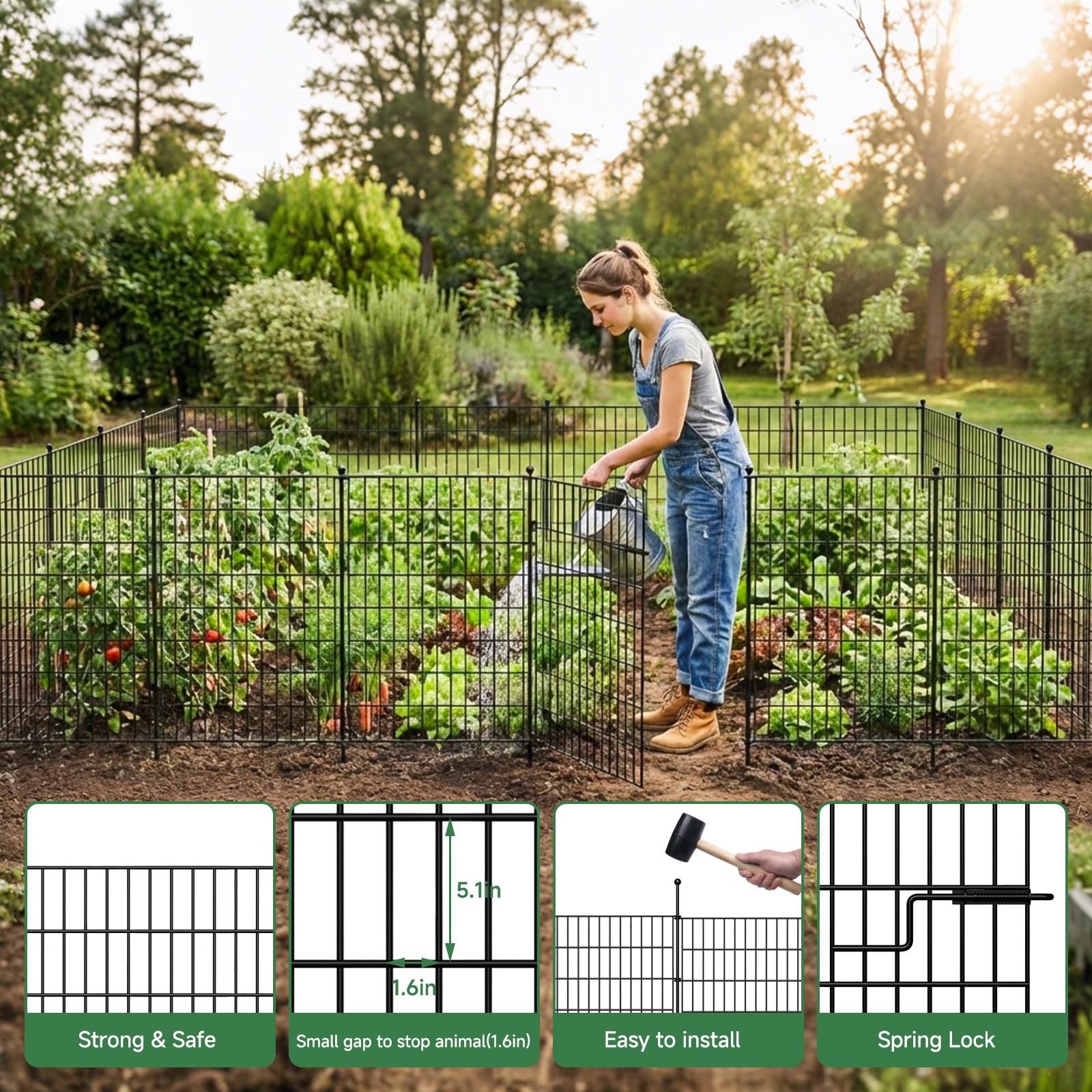 No Dig Decorative Garden Fence with Gate - 7/13 Panels, 40in H, Rustproof Metal