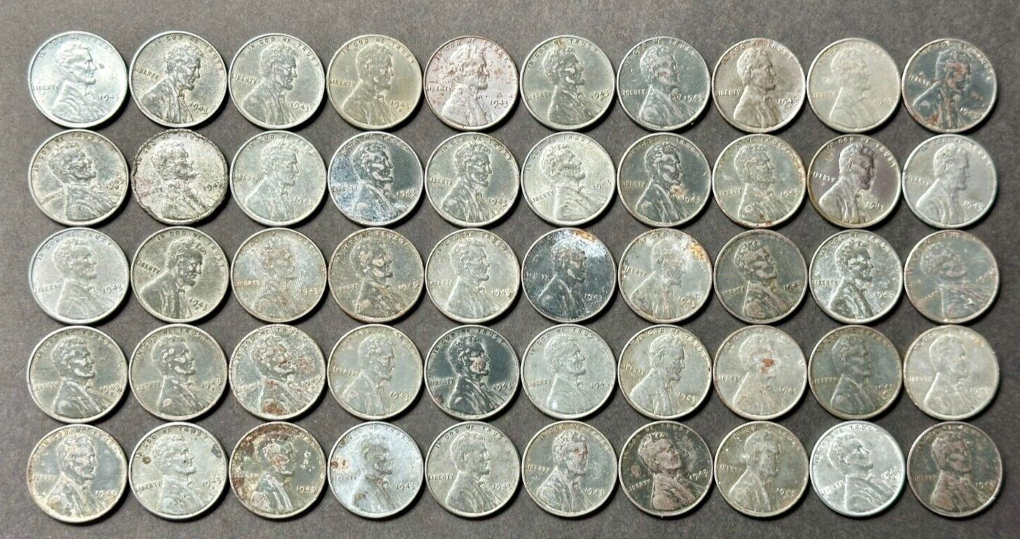 1943 STEEL LINCOLN WHEAT CENT PENNY ROLL (50 coins) STEEL PENNY, good condition
