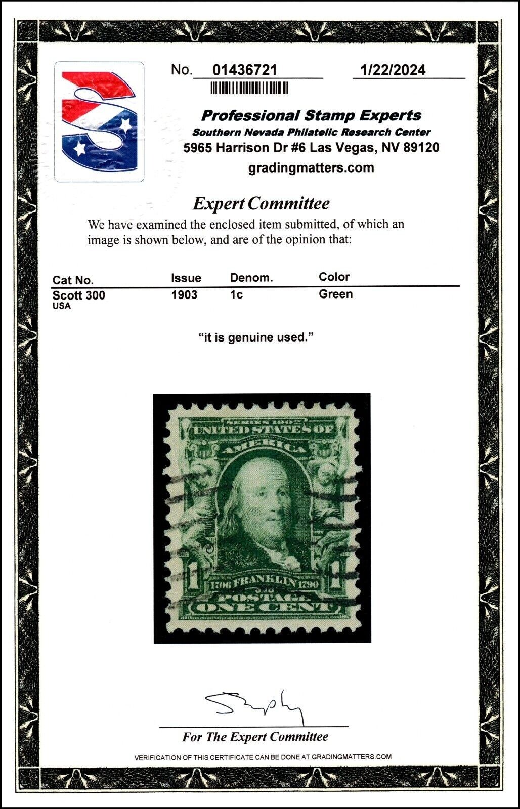 300 (1c Frkln) - GEM CENTER - REMARKABLY STRUCK "FACE-FREE" Cancel - PSE CERT !!