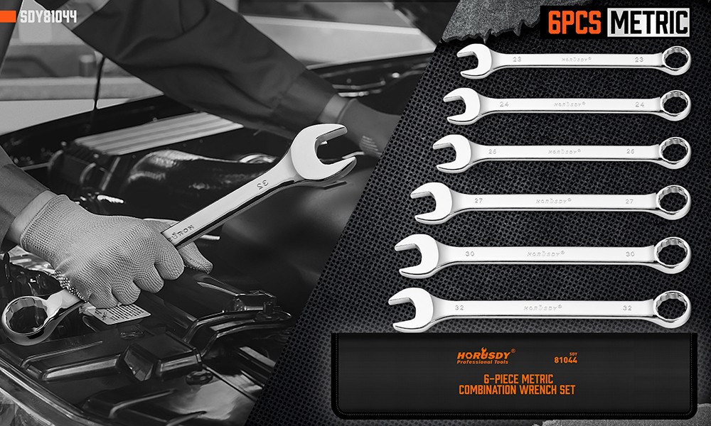 6PC Large Wrench Set with Rolling Pouch 23, 24, 26, 27, 30, 32mm 12 Point 15°