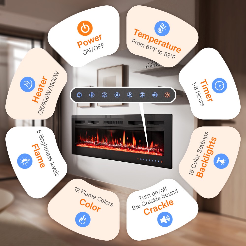 50"/127cm Electric Fireplace Heater Stove |Touch Screen & Remote Fire Place New