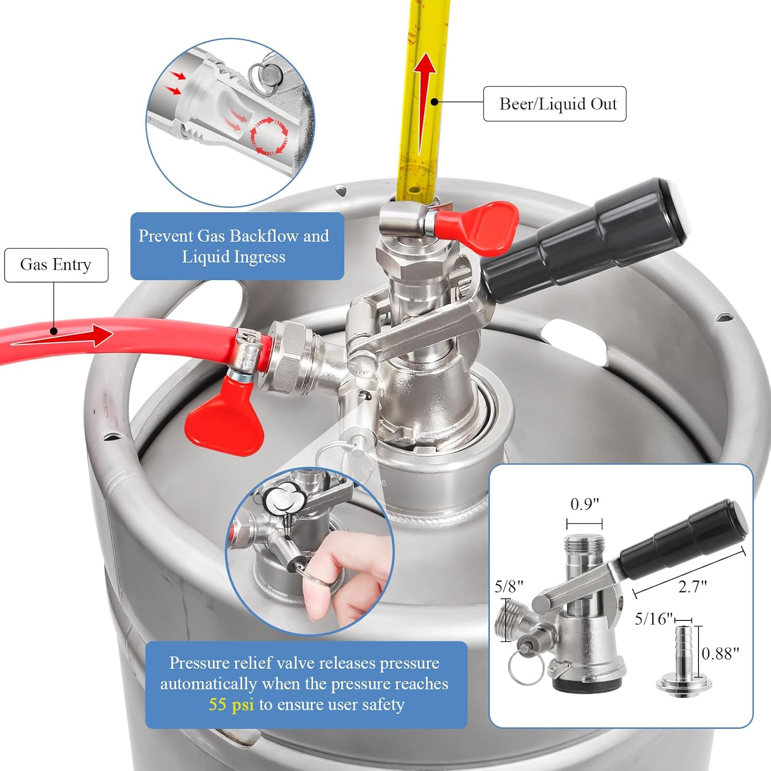Keg Coupler for Sankey D System Beer Keg Tap Dispenser-304 Stainless Steel Probe