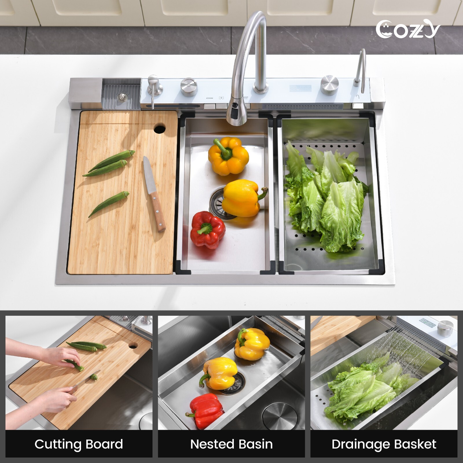 Cozy 33x22" Multifunctional Overmount Kitchen Sink Faucet Combo Brush Nickel