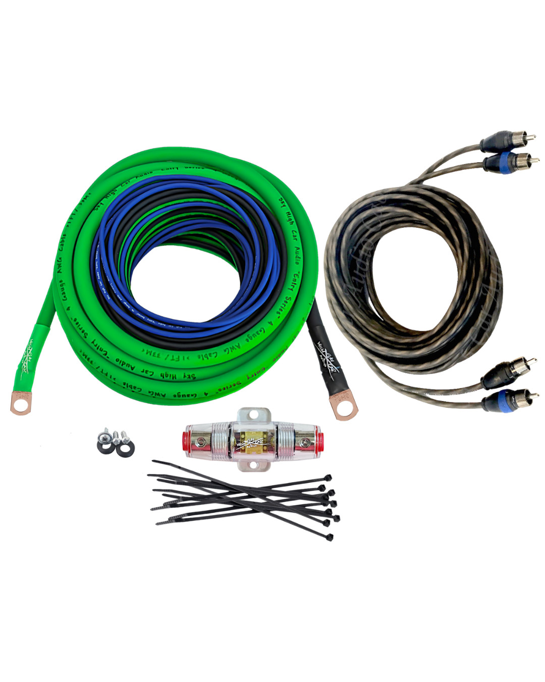 Oversized 4 Ga OFC AWG Amp Kit Twisted RCA Green Black Complete Sky High Car